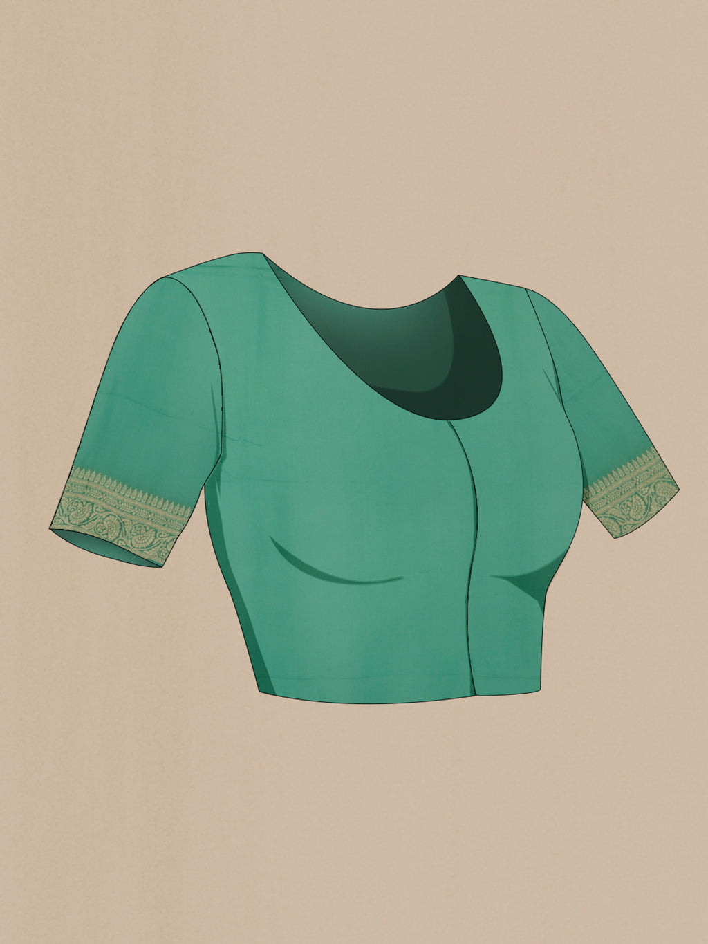 Close up image of the blouse of Turquoise Banarasi Georgette Saree with Zari Brocade on the body and Zari Border. 