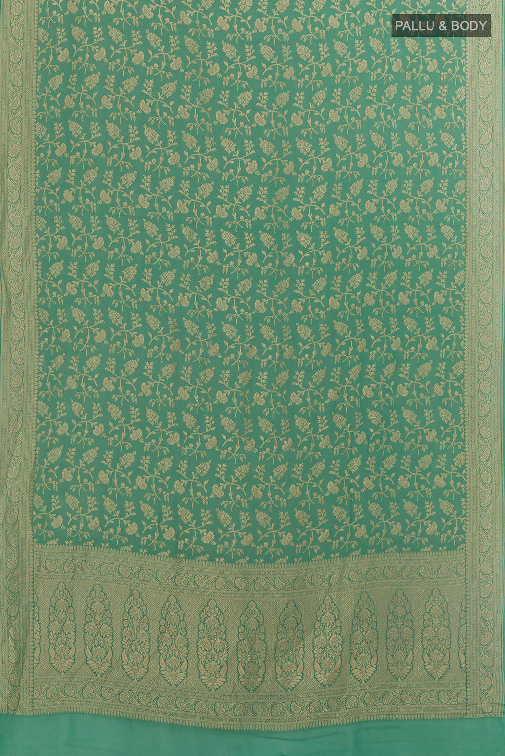 Flat view of Turquoise Banarasi Georgette Saree with Zari Brocade on the body and Zari Border. 