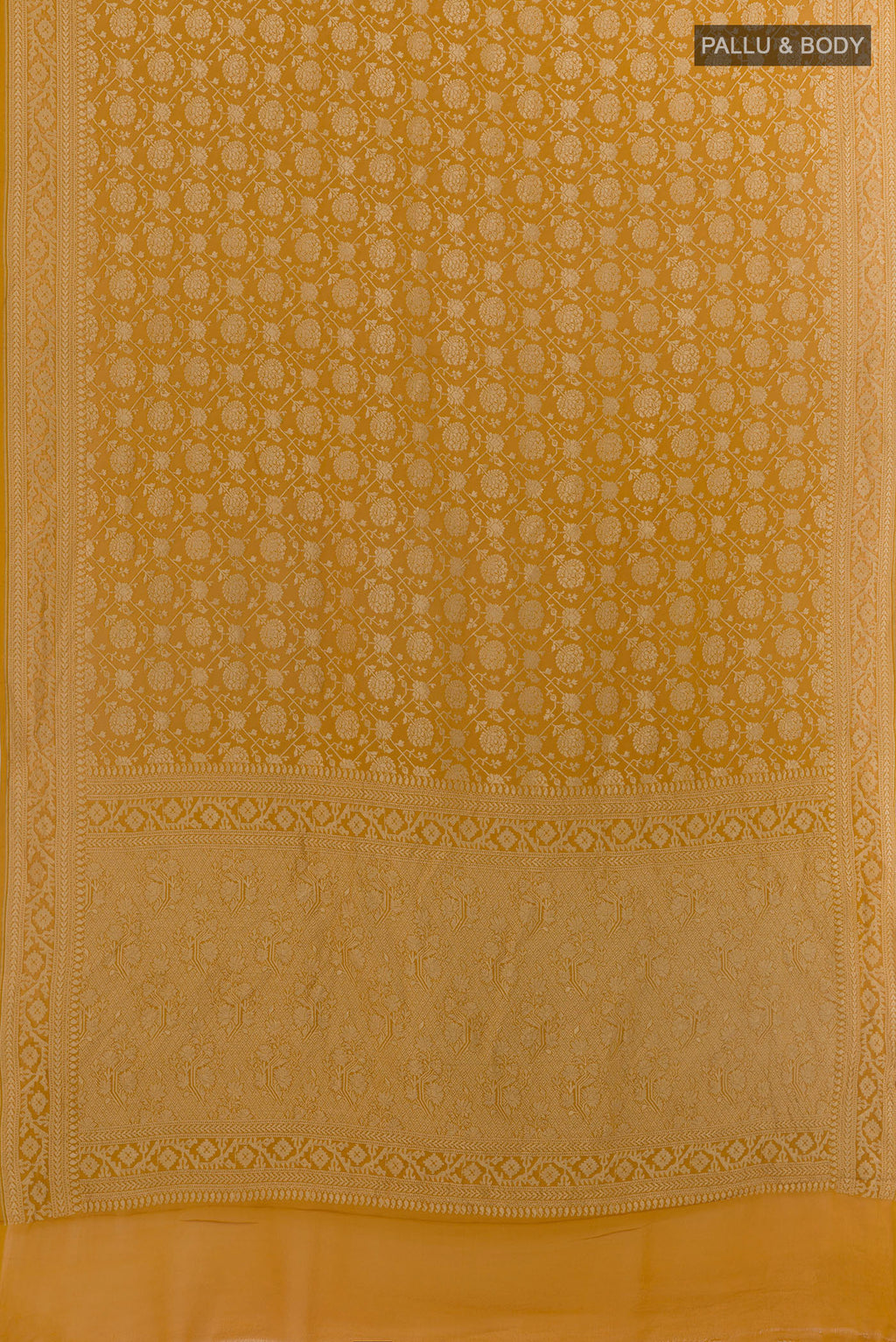 Flat view of Yellow Banarasi Georgette Saree with Zari Brocade on the body and Zari Border. 