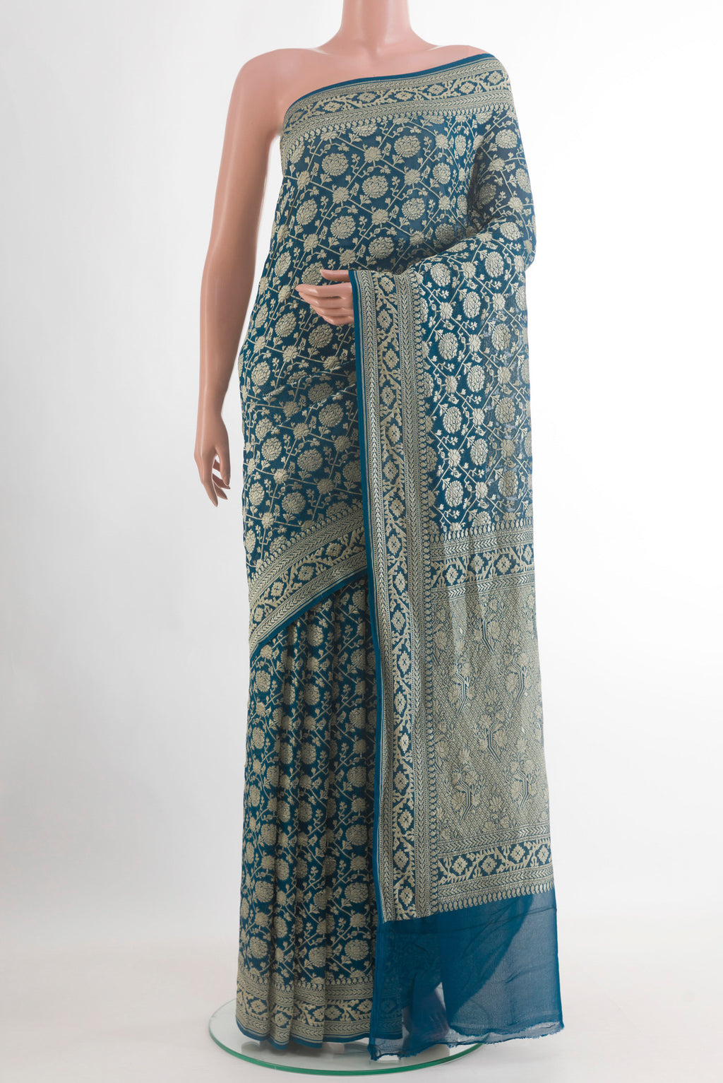 Blue Banarasi Georgette Saree with Zari Brocade on the body and Zari Border.  displayed on a mannequin