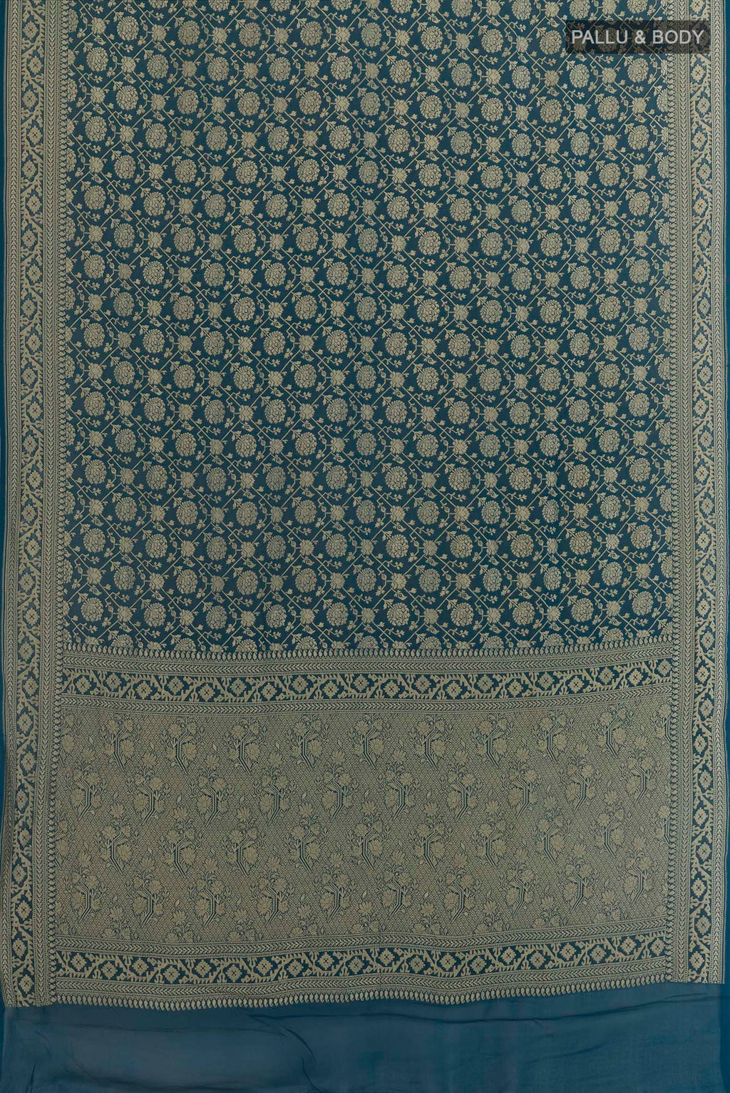 Flat view of Blue Banarasi Georgette Saree with Zari Brocade on the body and Zari Border. 