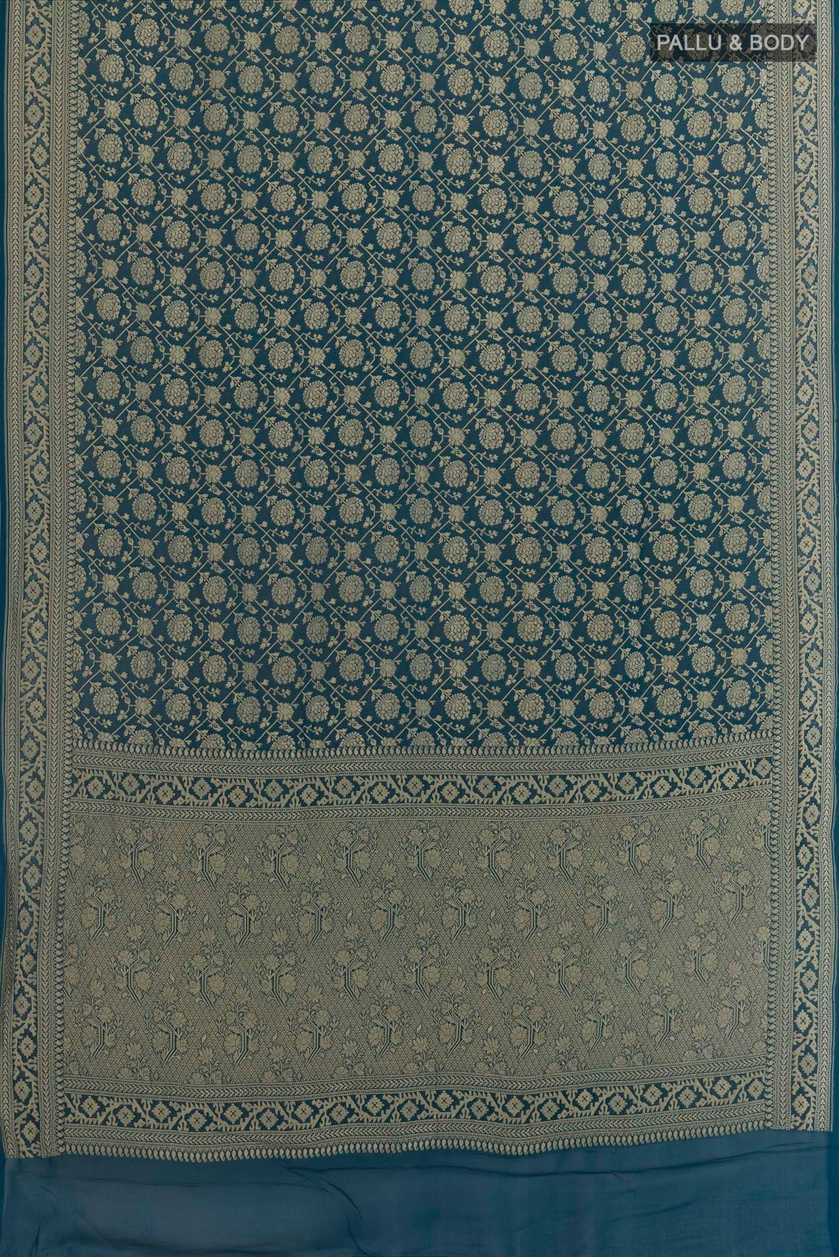 Flat view of Blue Banarasi Georgette Saree with Zari Brocade on the body and Zari Border. 