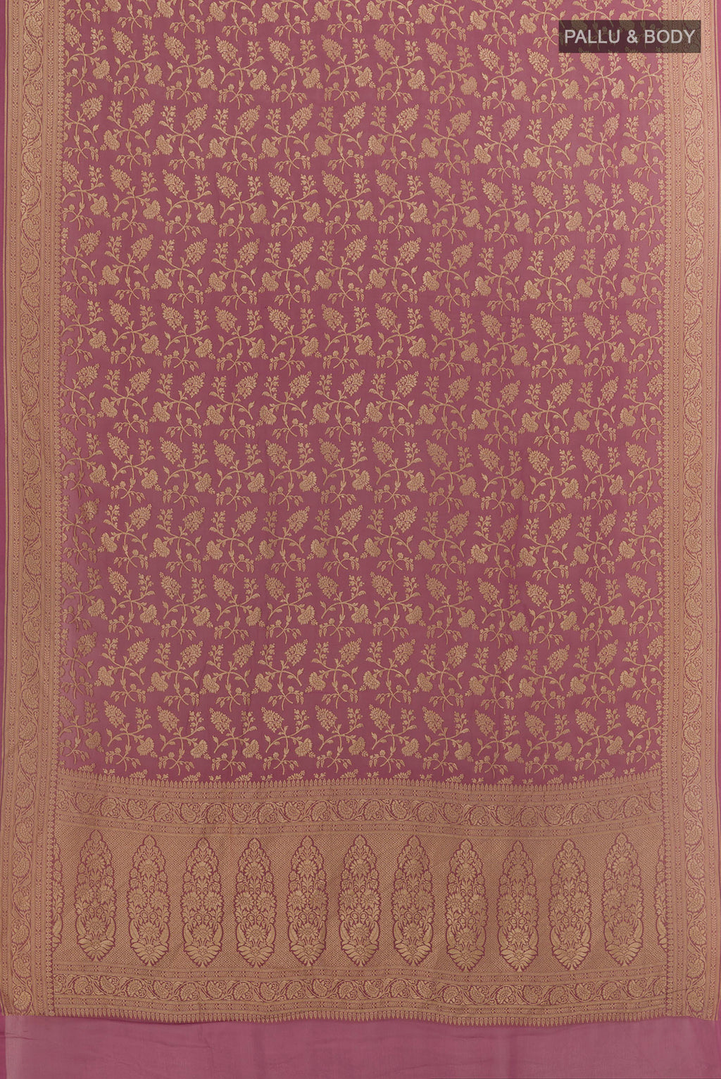 Flat view of Lavender Banarasi Georgette Saree with Zari Brocade on the body and Zari Border. 