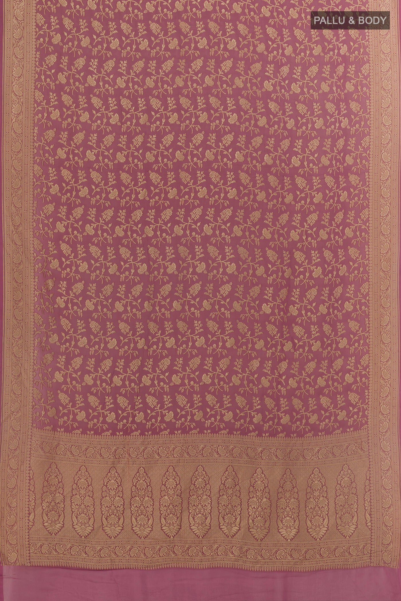 Flat view of Lavender Banarasi Georgette Saree with Zari Brocade on the body and Zari Border. 