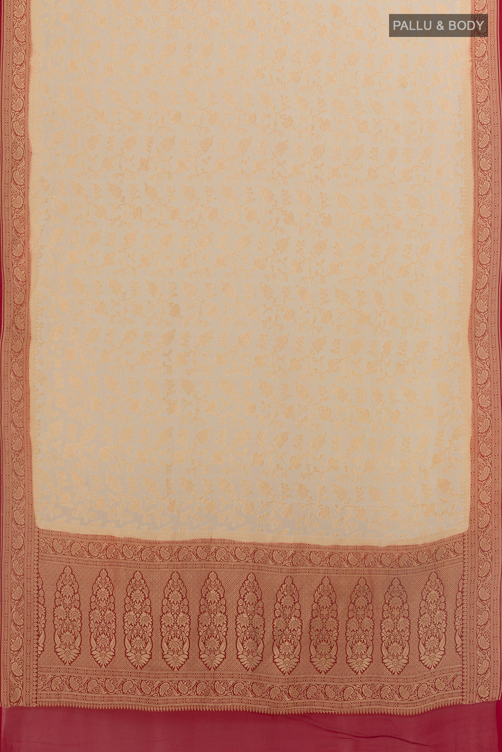 Flat view of Off White Banarasi Georgette Saree with Zari Brocade on the body and Zari Border. 