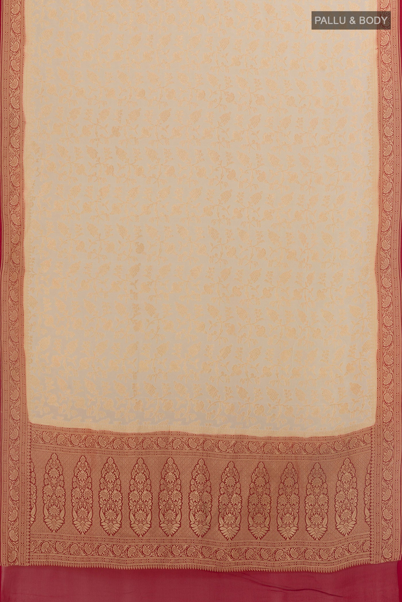 Flat view of Off White Banarasi Georgette Saree with Zari Brocade on the body and Zari Border. 