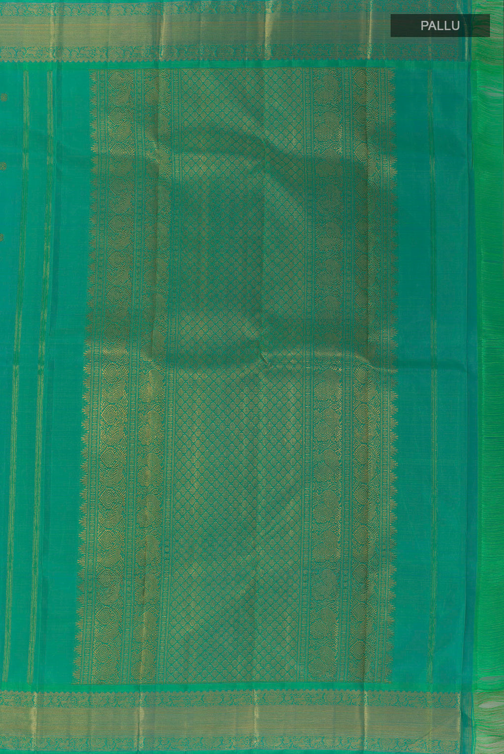 Close up image of the pallu of Turquoise Kanchipuram Silk Saree with Zari Butta on the body and Zari Border. 