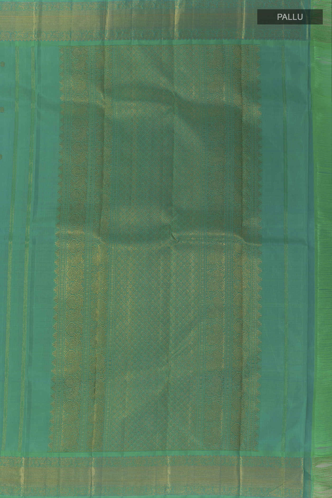 Close up image of the pallu of Turquoise Kanchipuram Silk Saree with Zari Butta on the body and Zari Border. 