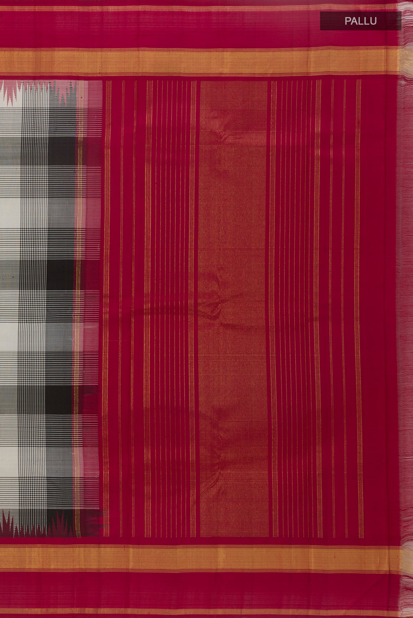 Close up image of the pallu of Black Kanjivaram Silk Saree with Checked design on the body and Zari Border. 