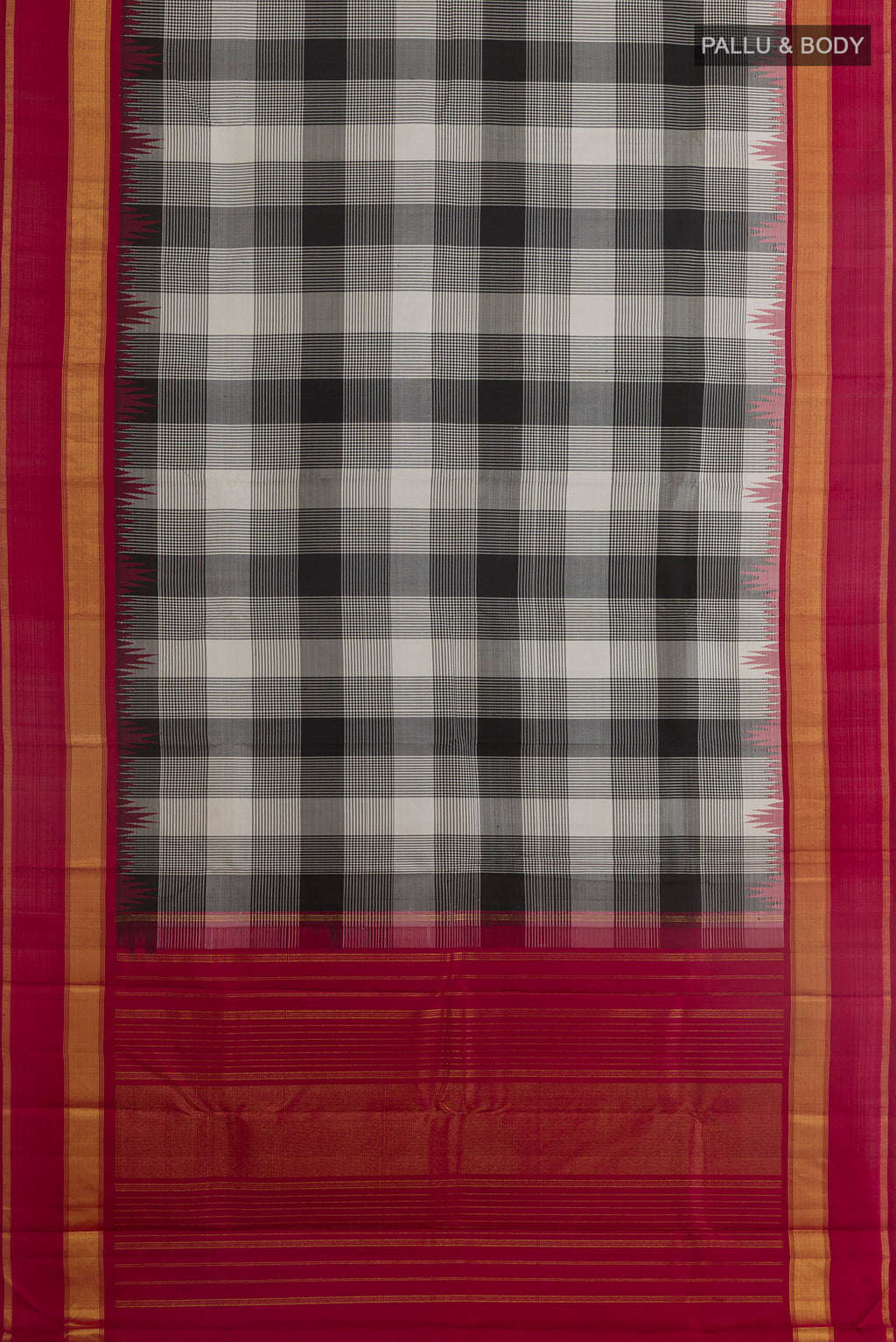 Flat view of Black Kanjivaram Silk Saree with Checked design on the body and Zari Border. 