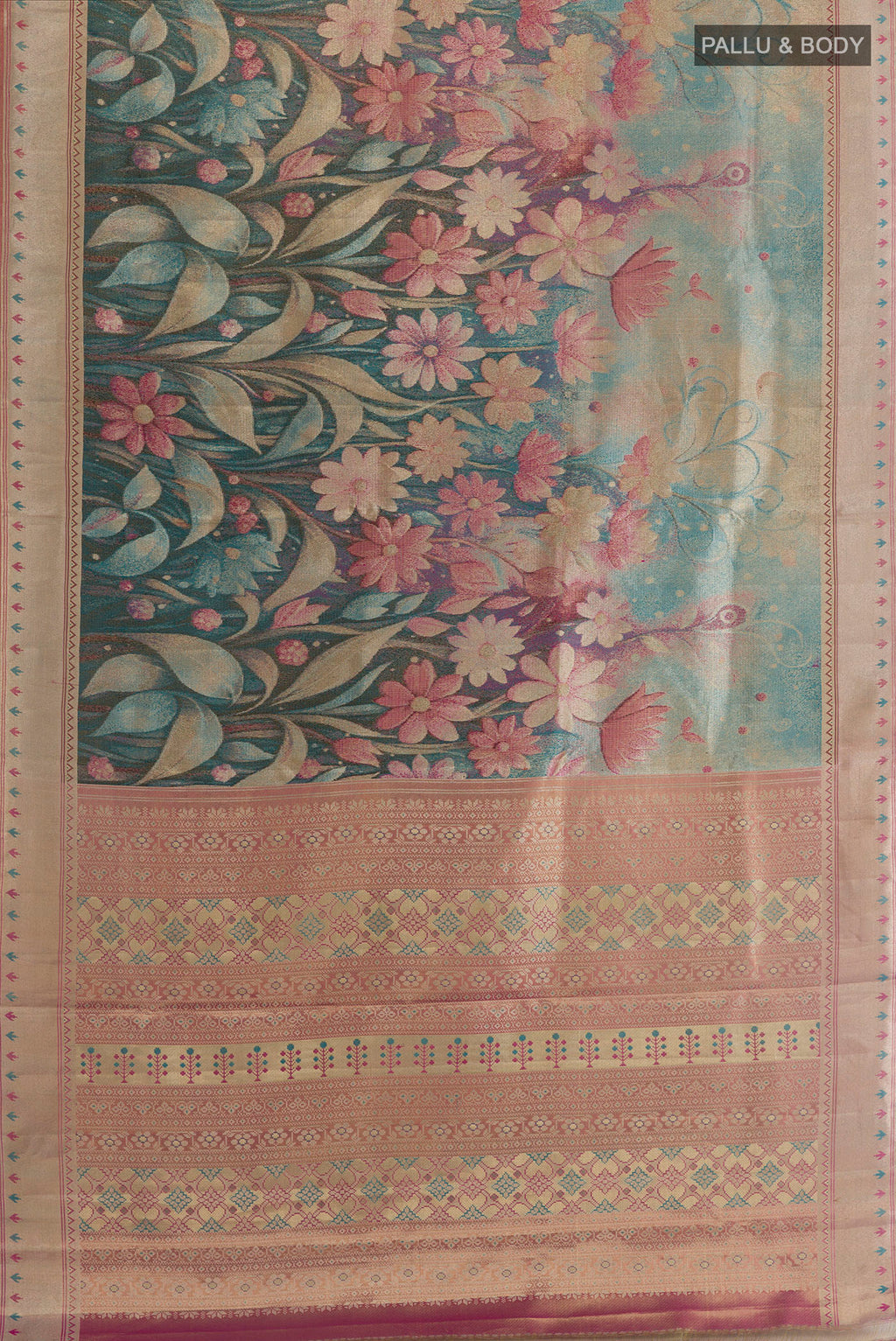 Flat view of Peacock Blue Kanchipuram Tissue Silk Saree with Zari Brocade on the body and Zari Border. 