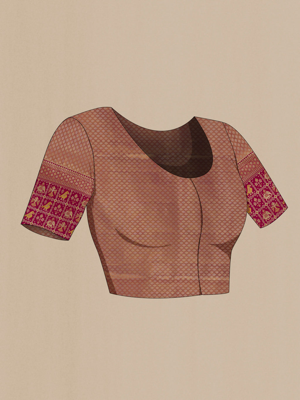 Close up image of the blouse of Cream Kanchipuram Tissue Silk Saree with Zari Brocade on the body and Zari Border. 