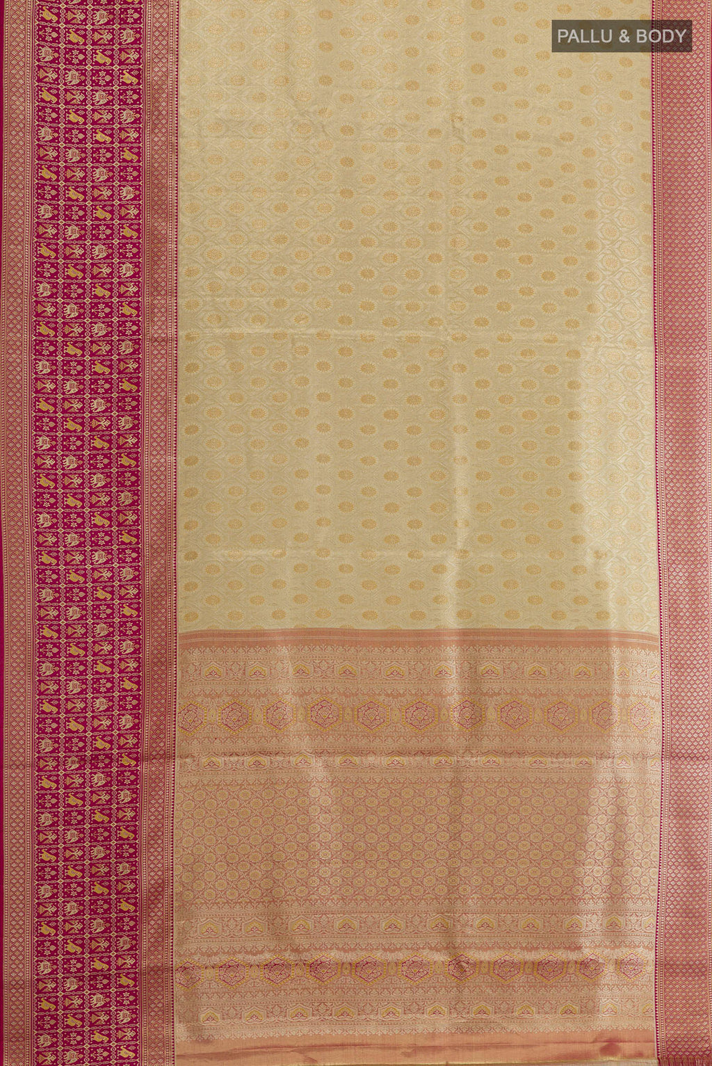 Flat view of Cream Kanchipuram Tissue Silk Saree with Zari Brocade on the body and Zari Border. 