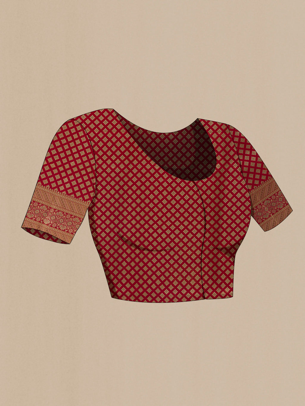 Close up image of the blouse of Maroon Kanchipuram Tissue Silk Saree with Zari Brocade on the body and Zari Border. 