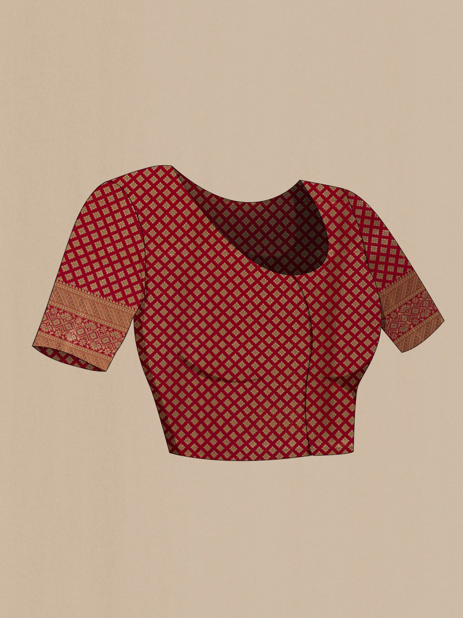 Close up image of the blouse of Maroon Kanchipuram Tissue Silk Saree with Zari Brocade on the body and Zari Border. 