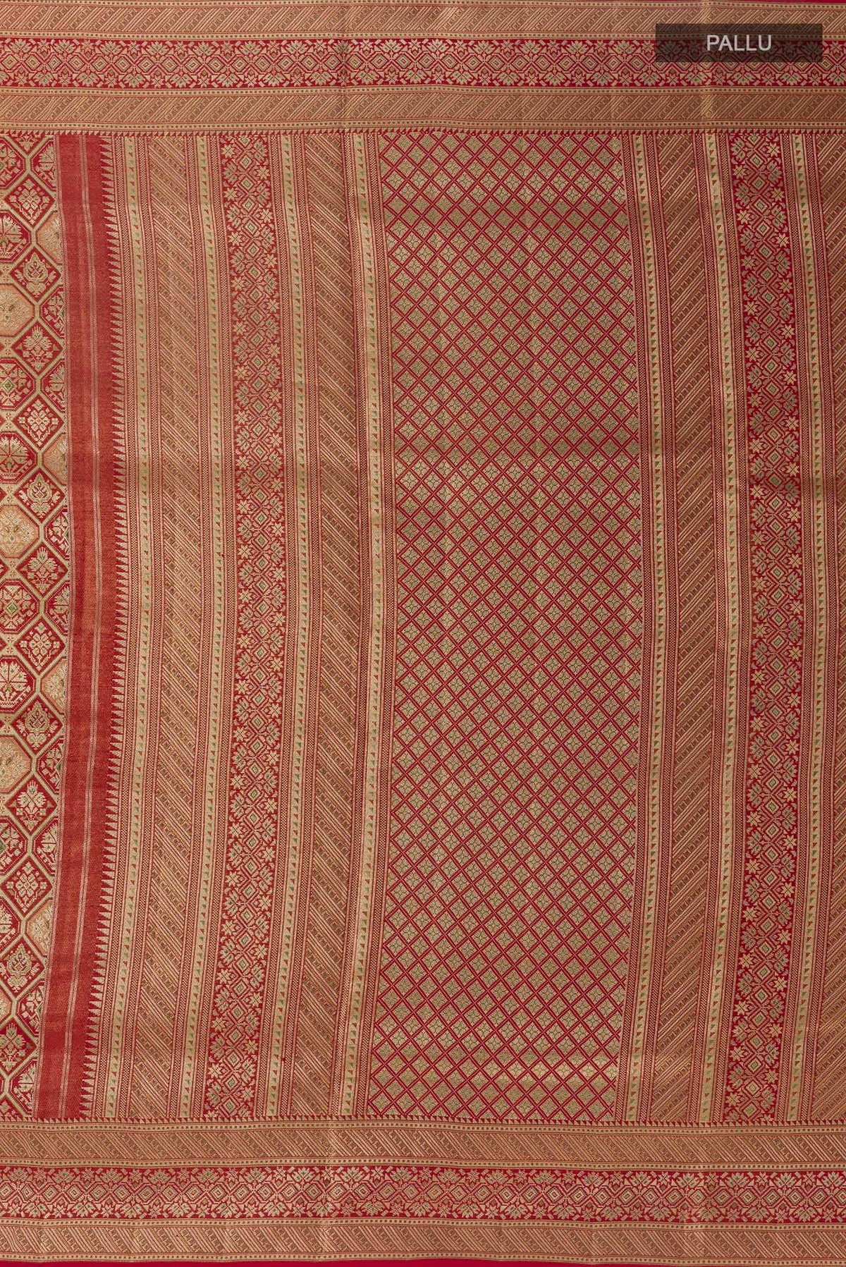 Close up image of the pallu of Maroon Kanchipuram Tissue Silk Saree with Zari Brocade on the body and Zari Border. 