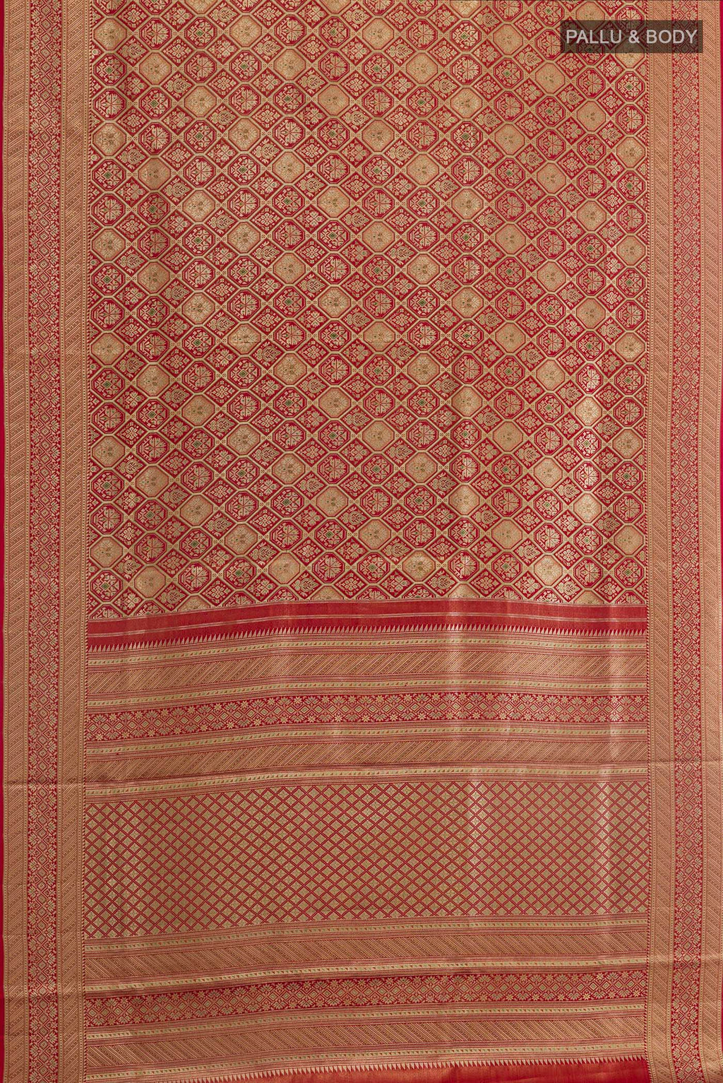 Flat view of Maroon Kanchipuram Tissue Silk Saree with Zari Brocade on the body and Zari Border. 
