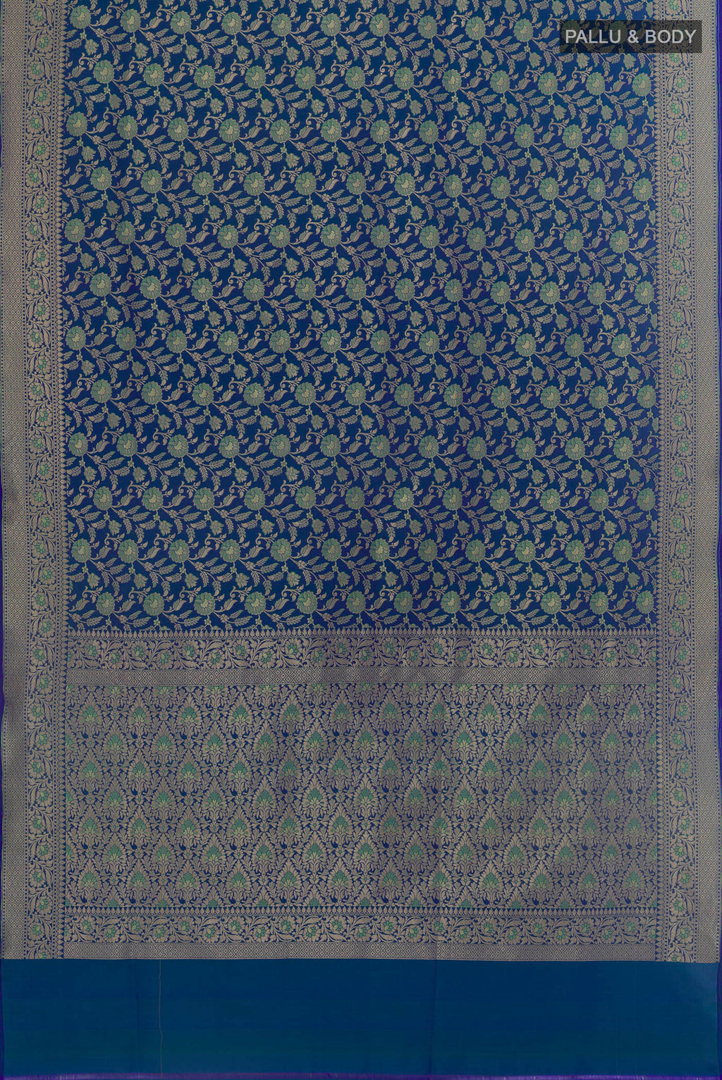 Flat view of Blue Banarasi Silk Saree with Zari Brocade on the body and Zari Border. 