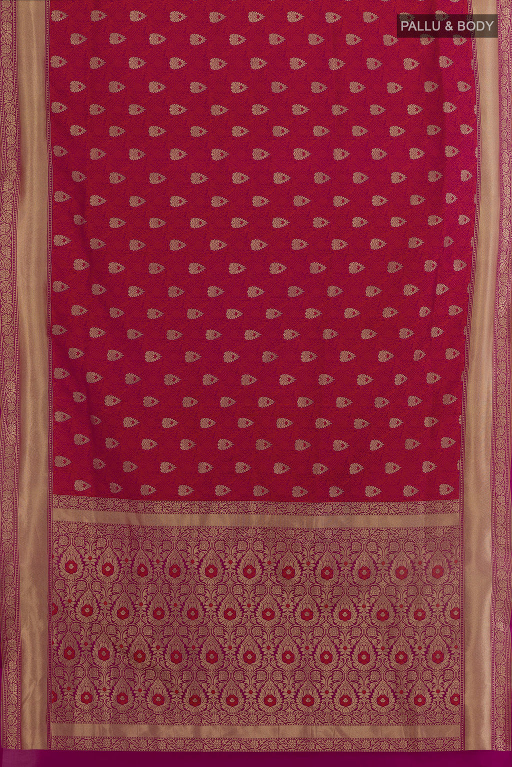 Flat view of Dark Pink Banarasi Silk Saree with Zari Brocade on the body and Zari Border. 