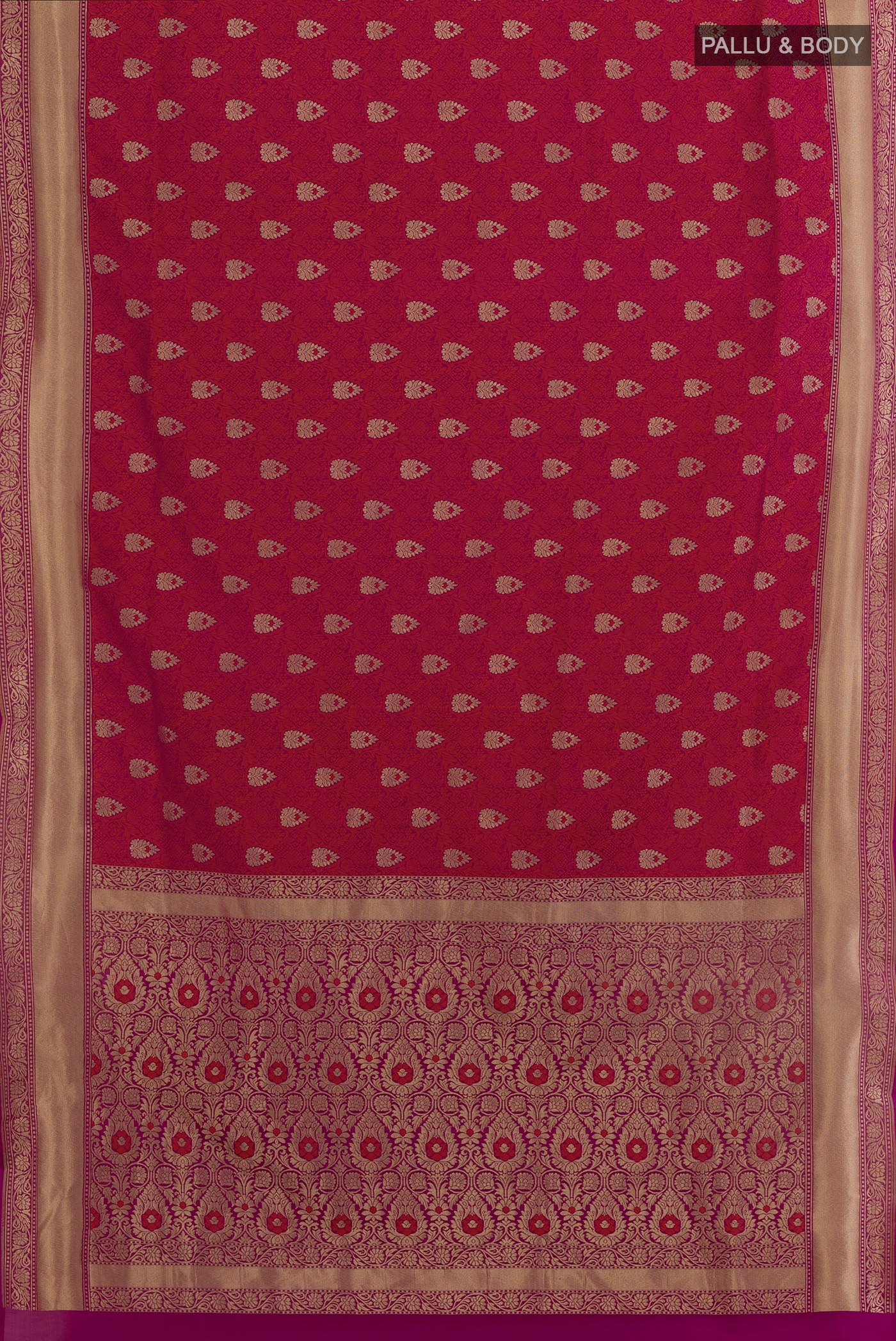 Flat view of Dark Pink Banarasi Silk Saree with Zari Brocade on the body and Zari Border. 