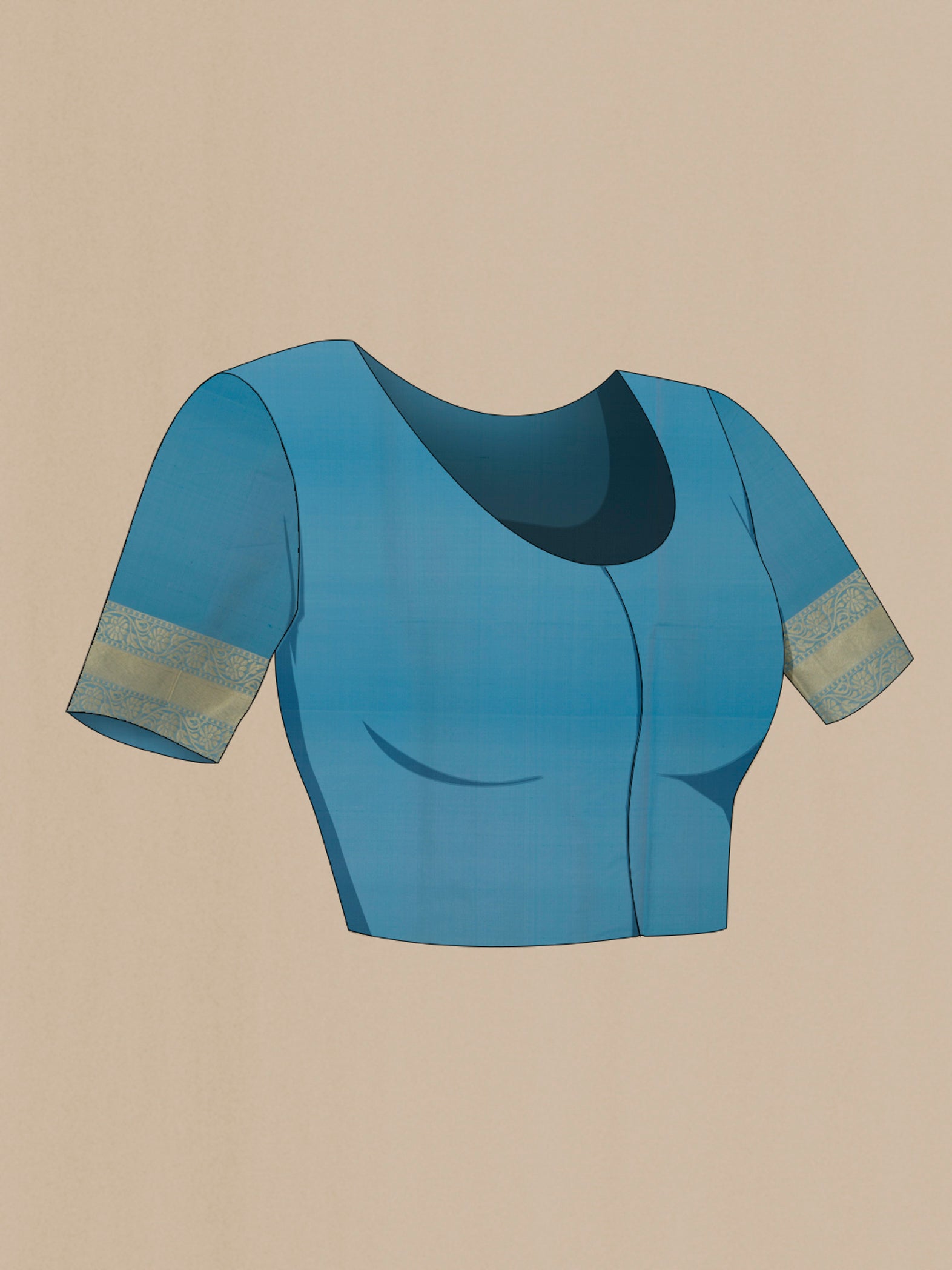 Close up image of the blouse of Blue Banarasi Silk Saree with Zari And Thread Butta on the body and Zari Border. 
