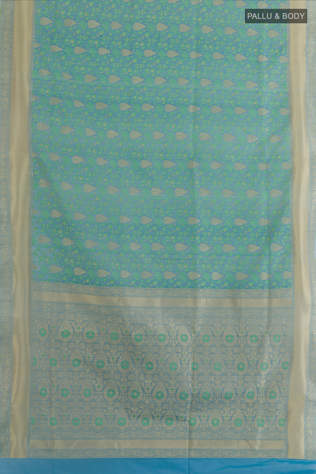 Flat view of Blue Banarasi Silk Saree with Zari And Thread Butta on the body and Zari Border. 