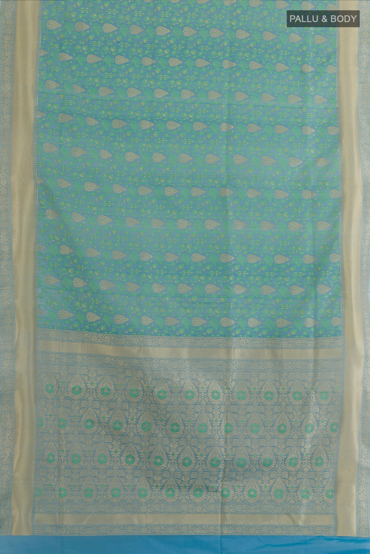Flat view of Blue Banarasi Silk Saree with Zari And Thread Butta on the body and Zari Border. 