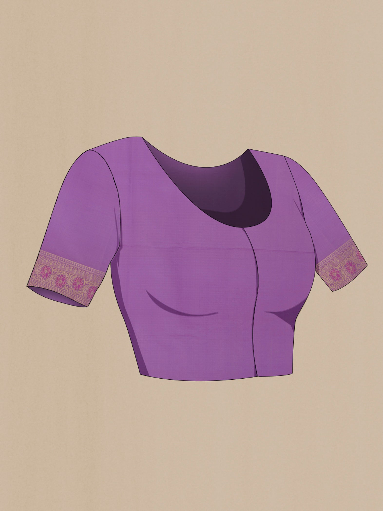 Close up image of the blouse of Lavender Banarasi Silk Saree with Zari And Thread Butta on the body and Zari Border. 