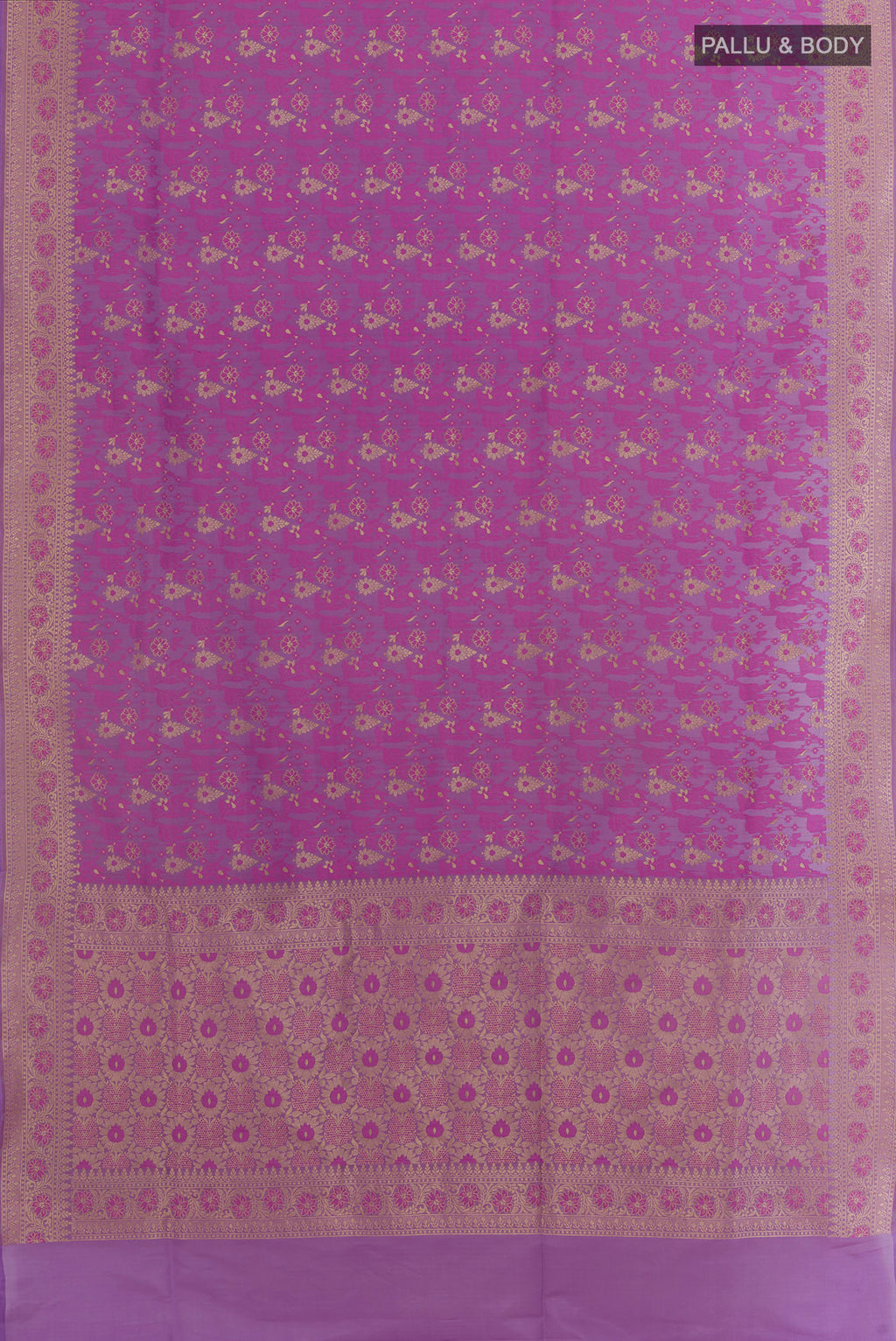 Flat view of Lavender Banarasi Silk Saree with Zari And Thread Butta on the body and Zari Border. 
