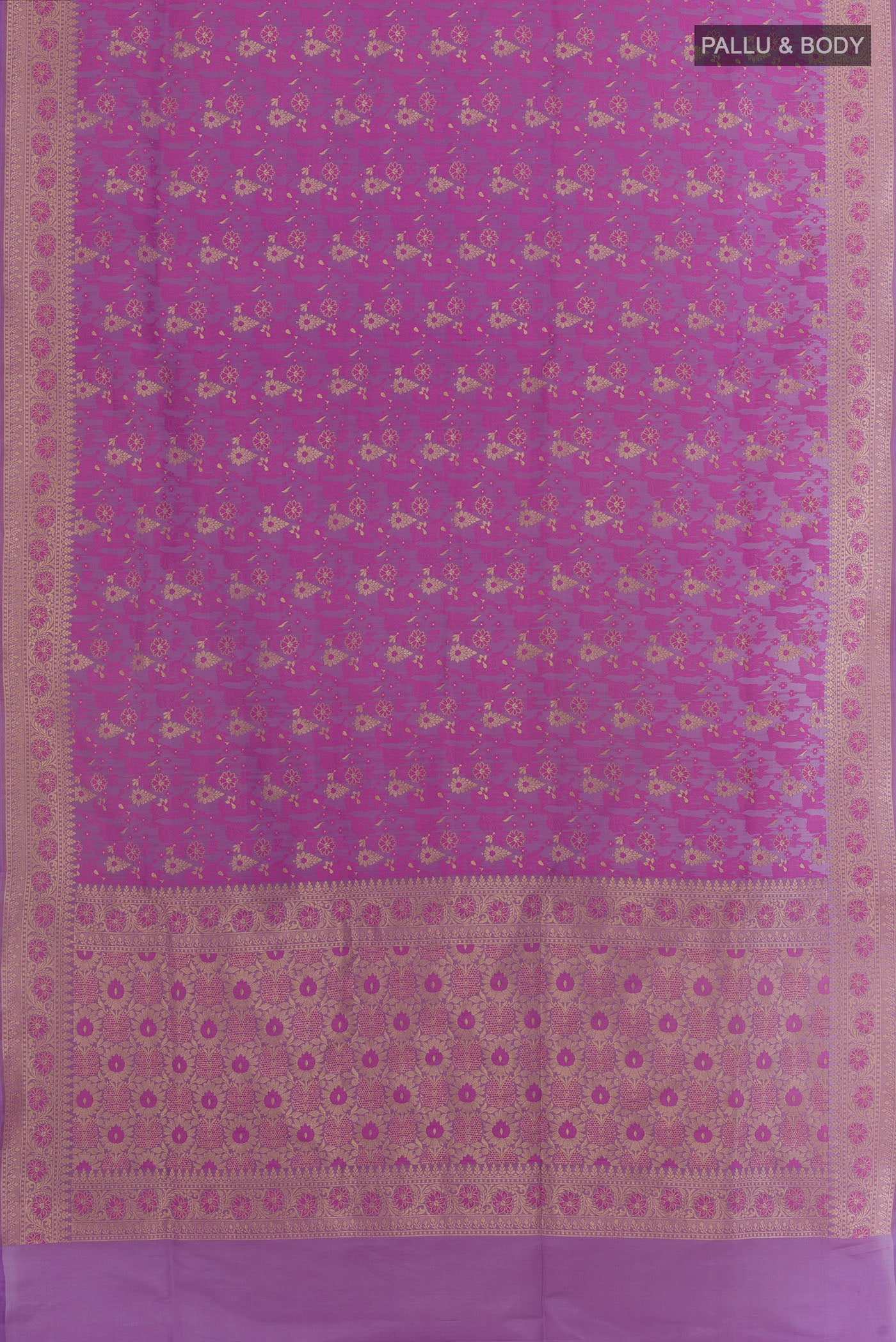 Flat view of Lavender Banarasi Silk Saree with Zari And Thread Butta on the body and Zari Border. 