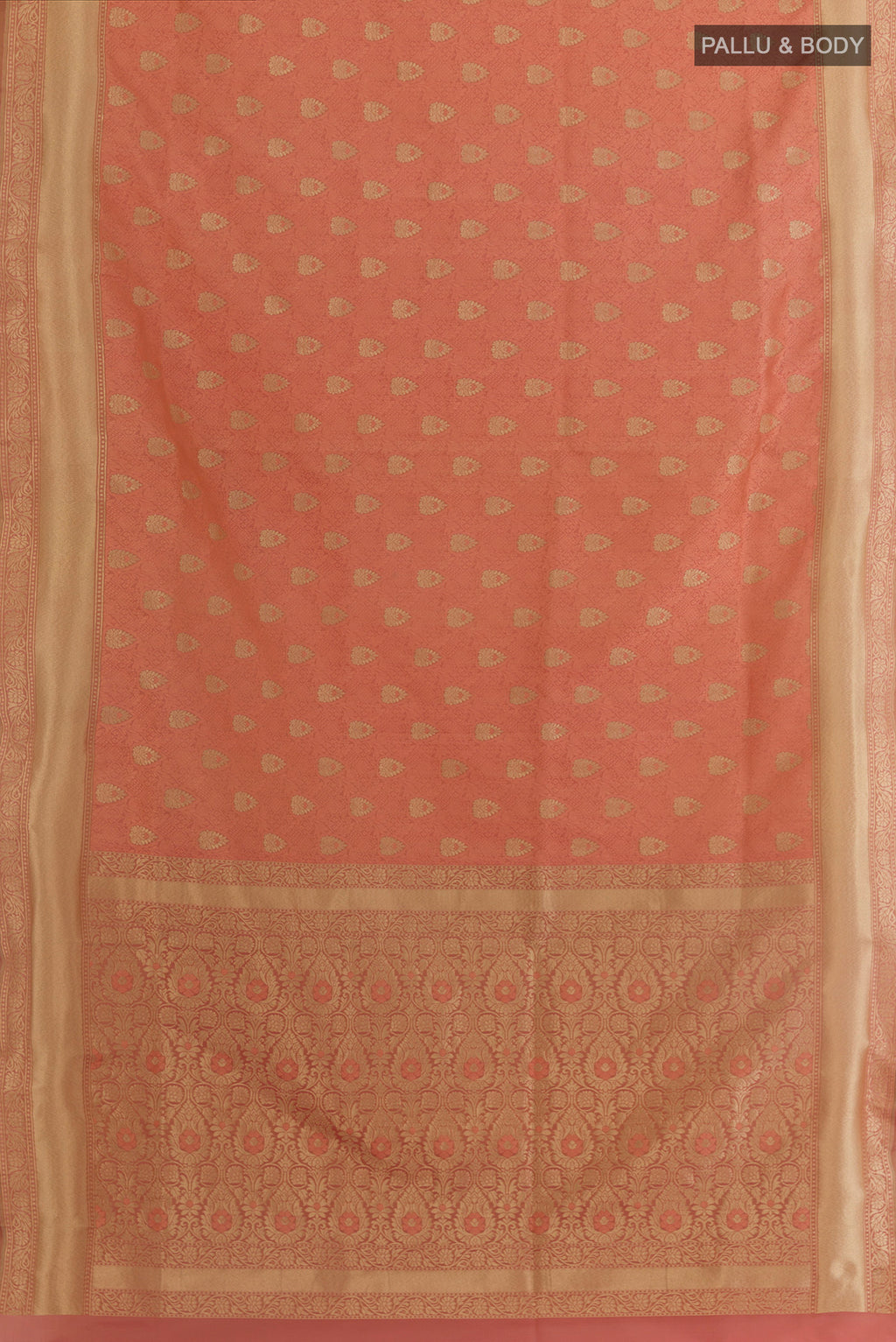 Flat view of Peach Banarasi Silk Saree with Zari And Thread Butta on the body and Zari Border. 