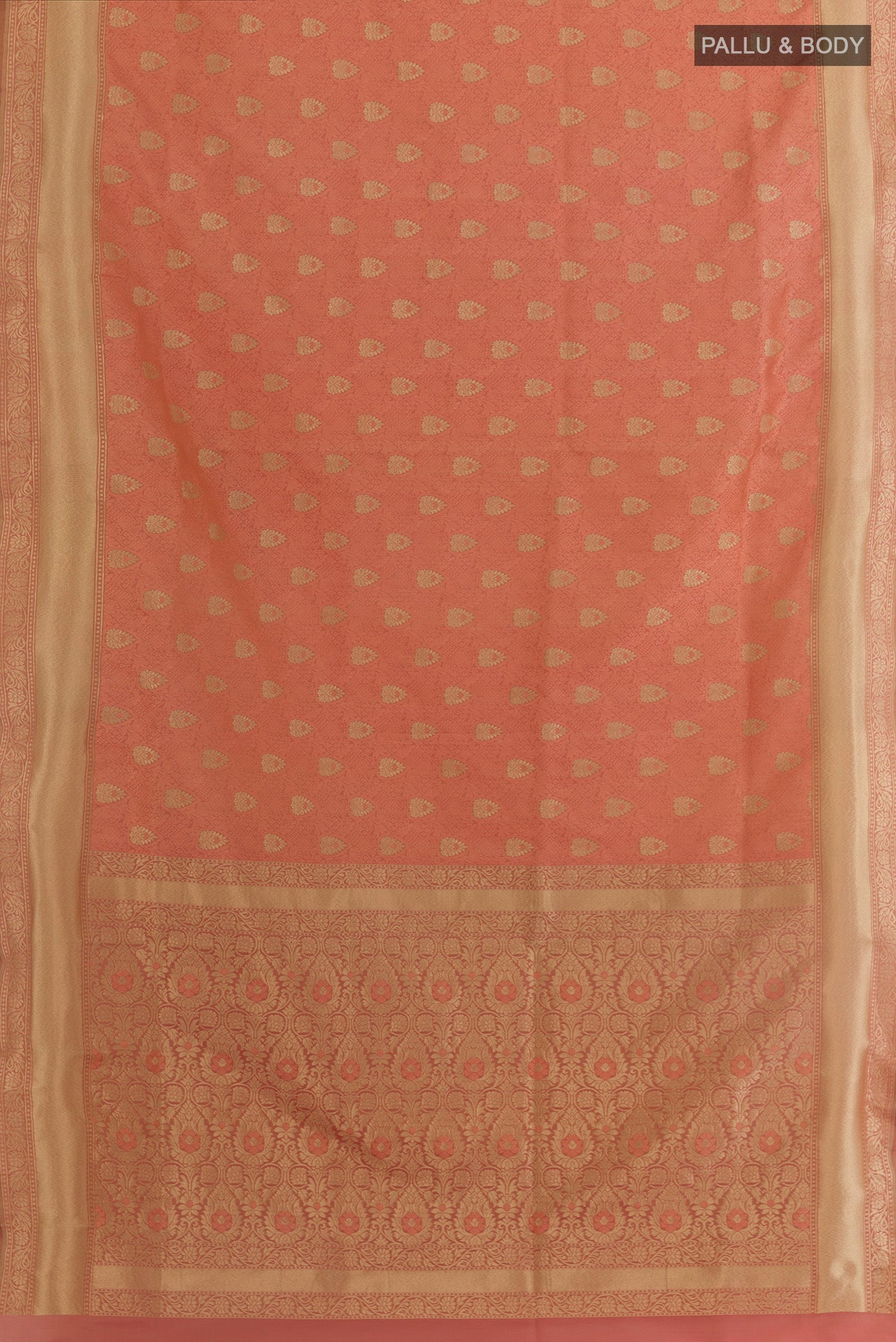 Flat view of Peach Banarasi Silk Saree with Zari And Thread Butta on the body and Zari Border. 