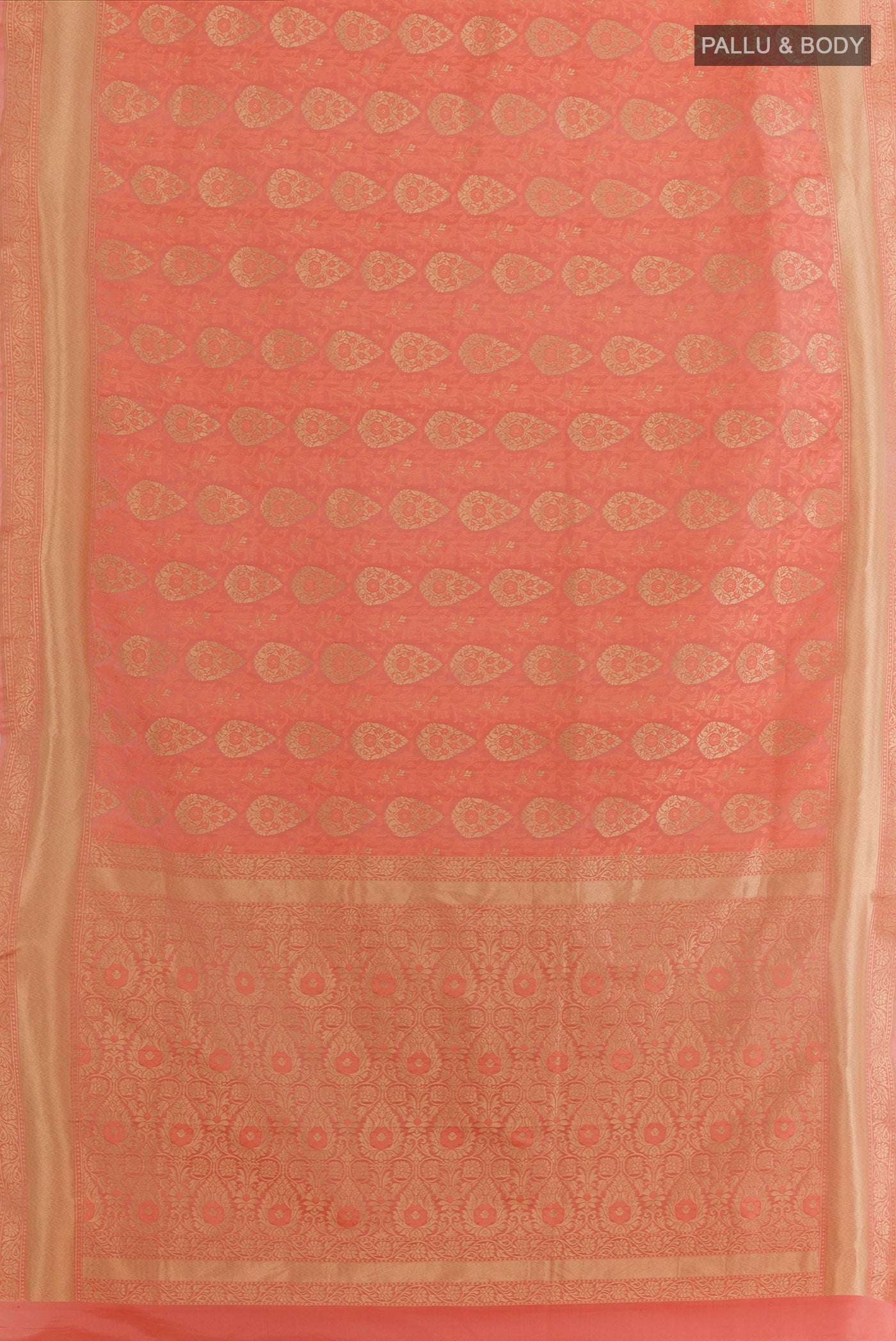 Flat view of Peach Banarasi Silk Saree with Zari And Thread Butta on the body and Zari Border. 