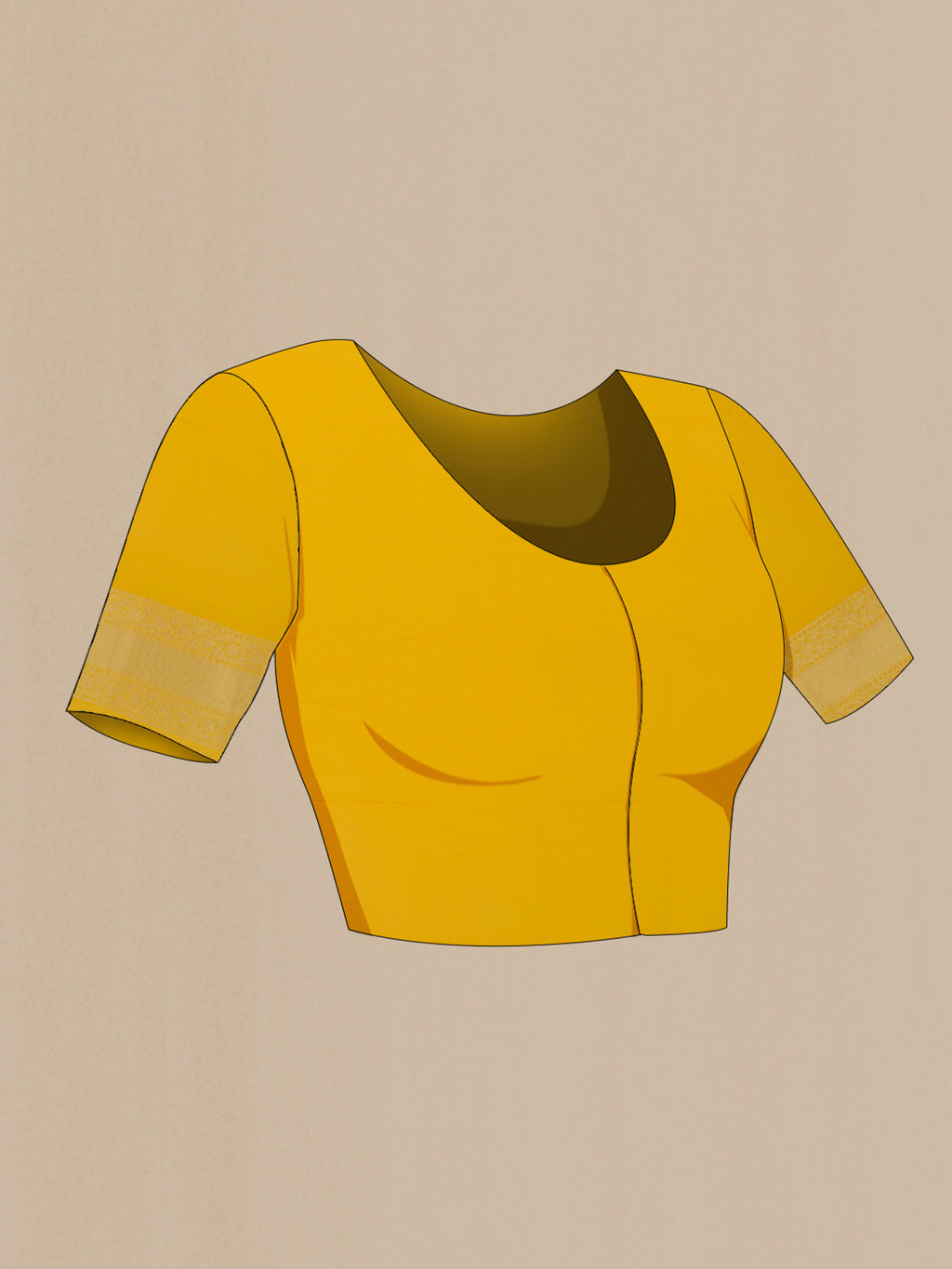 Close up image of the blouse of Yellow Banarasi Silk Saree with Zari And Thread Butta on the body and Zari Border. 