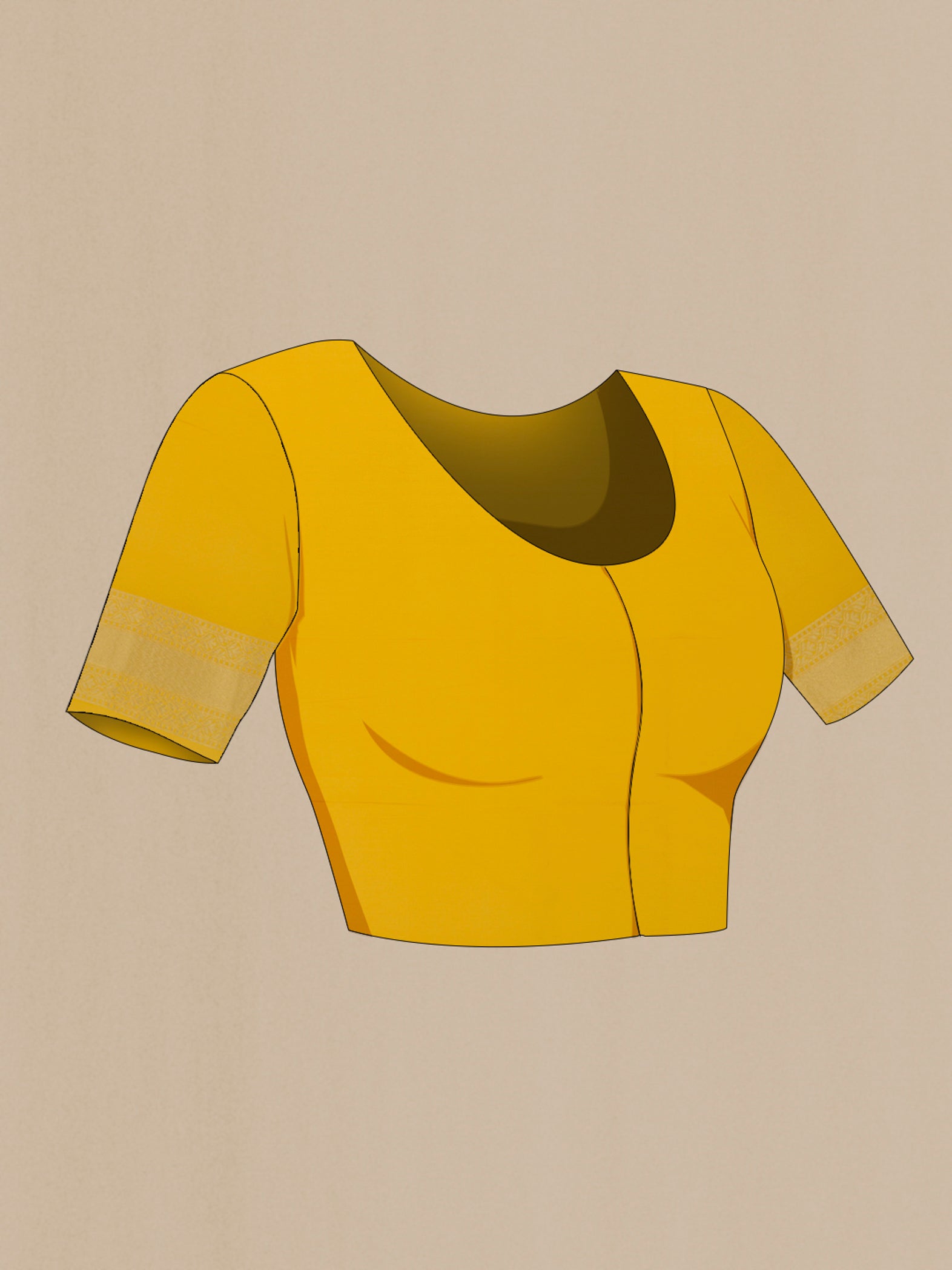 Close up image of the blouse of Yellow Banarasi Silk Saree with Zari And Thread Butta on the body and Zari Border. 