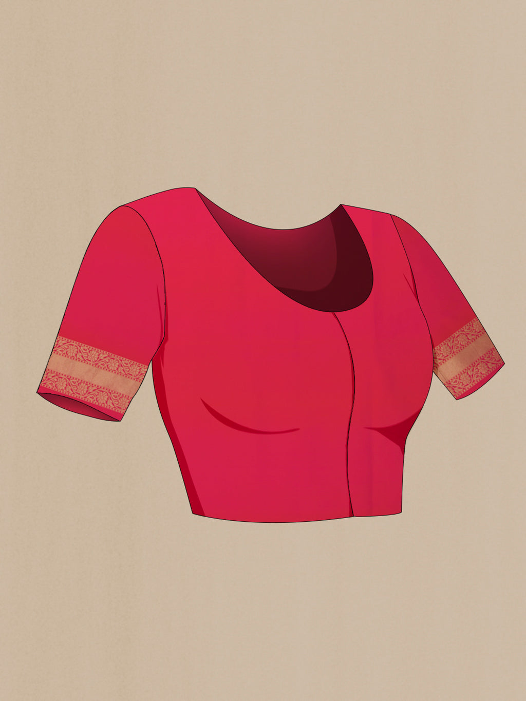 Close up image of the blouse of Orange Banarasi Silk Saree with Zari Brocade on the body and Zari Border. 