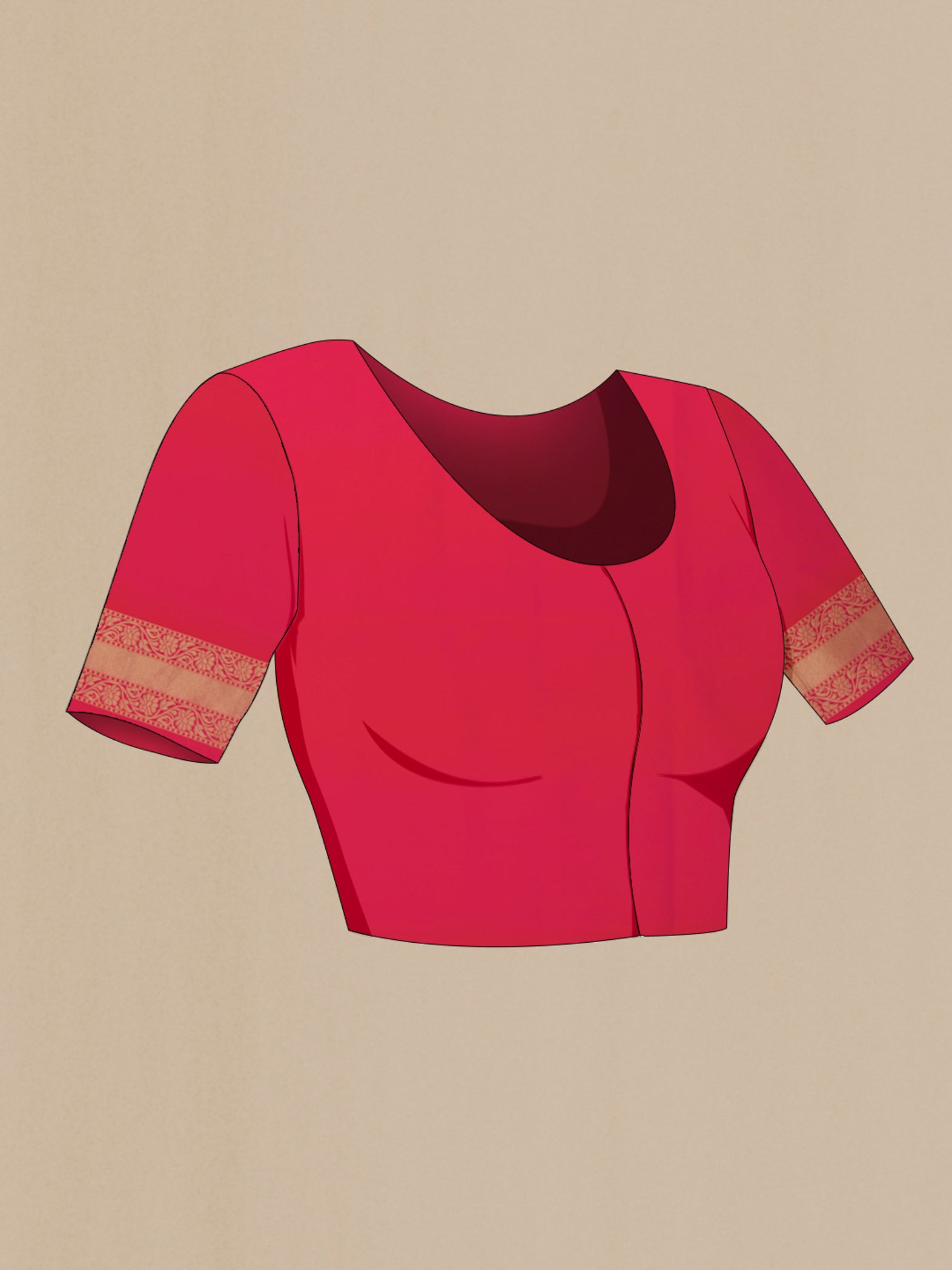 Close up image of the blouse of Orange Banarasi Silk Saree with Zari Brocade on the body and Zari Border. 