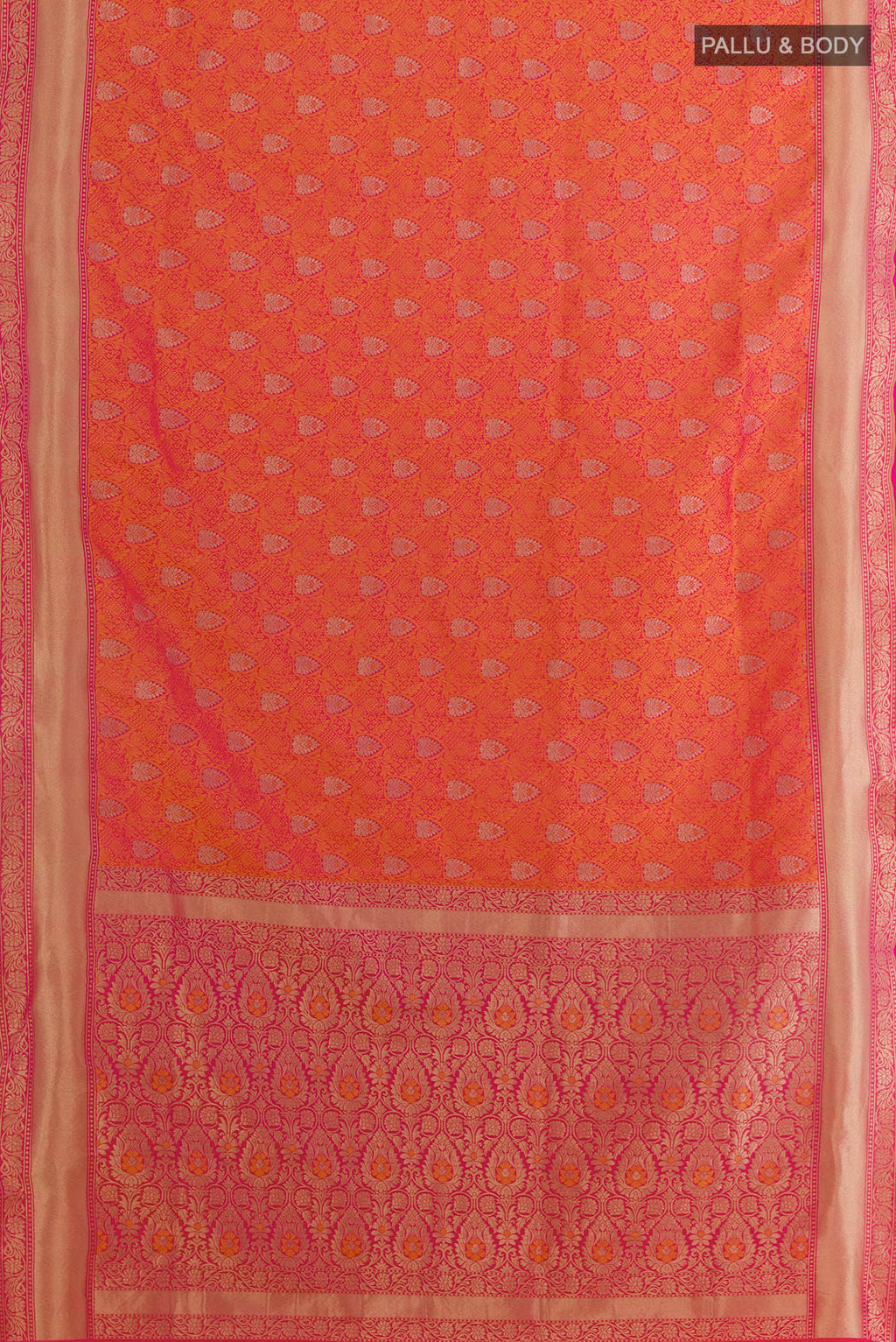Flat view of Orange Banarasi Silk Saree with Zari Brocade on the body and Zari Border. 