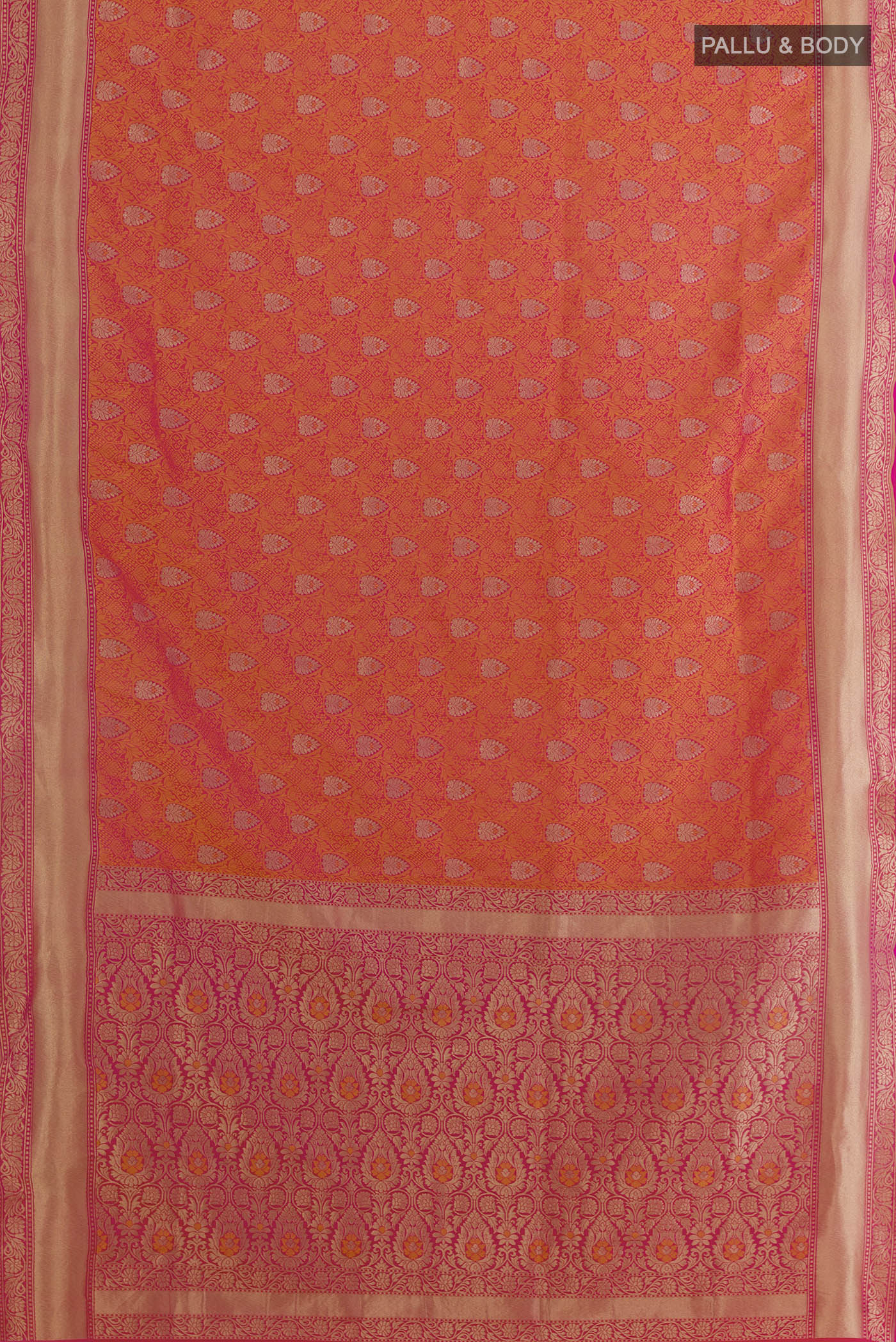 Flat view of Orange Banarasi Silk Saree with Zari Brocade on the body and Zari Border. 