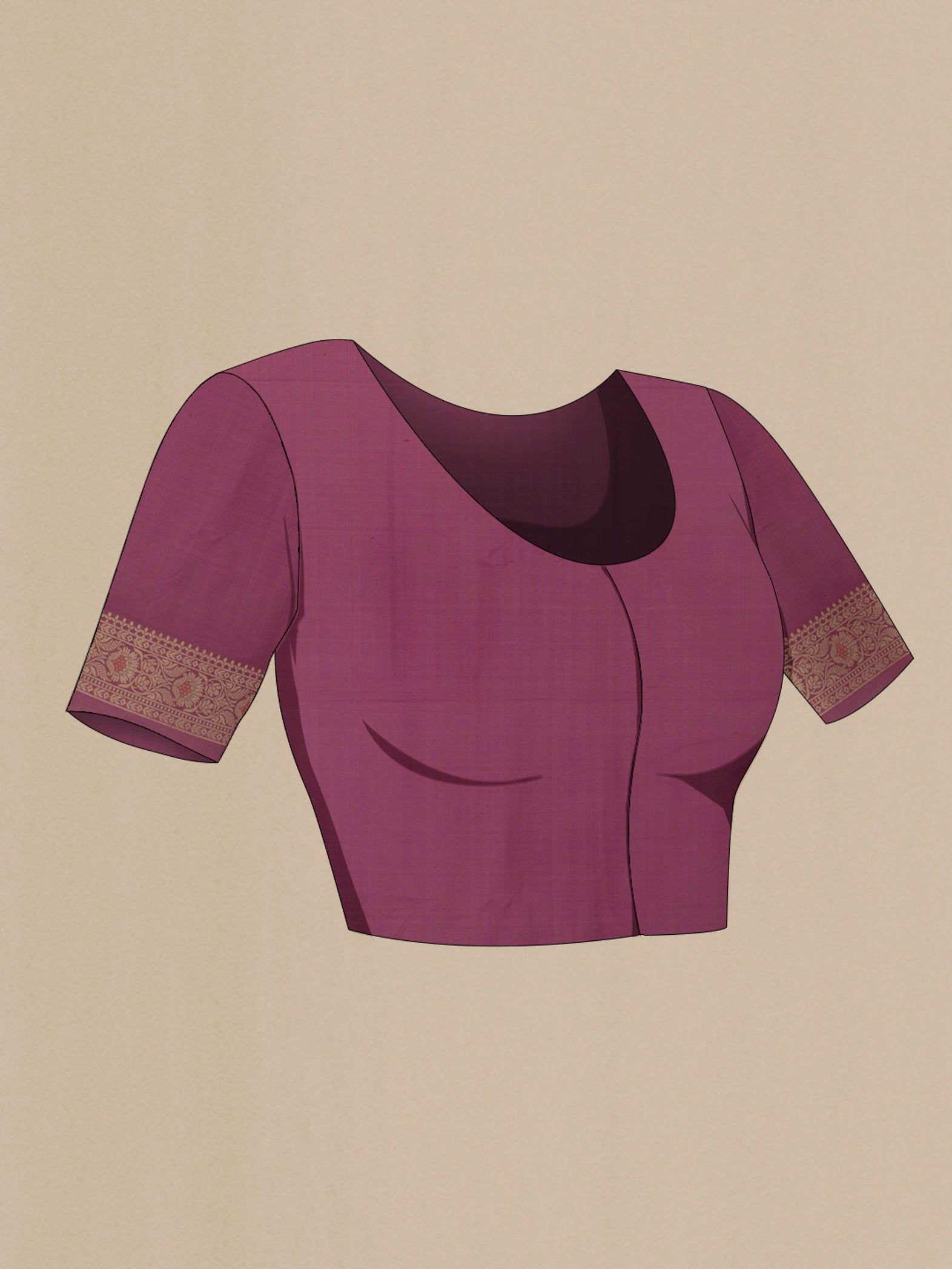 Close up image of the blouse of Purple Banarasi Silk Saree with Zari Brocade on the body and Zari Border. 