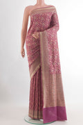 Purple Banarasi Silk Saree with Zari Brocade on the body and Zari Border.  displayed on a mannequin