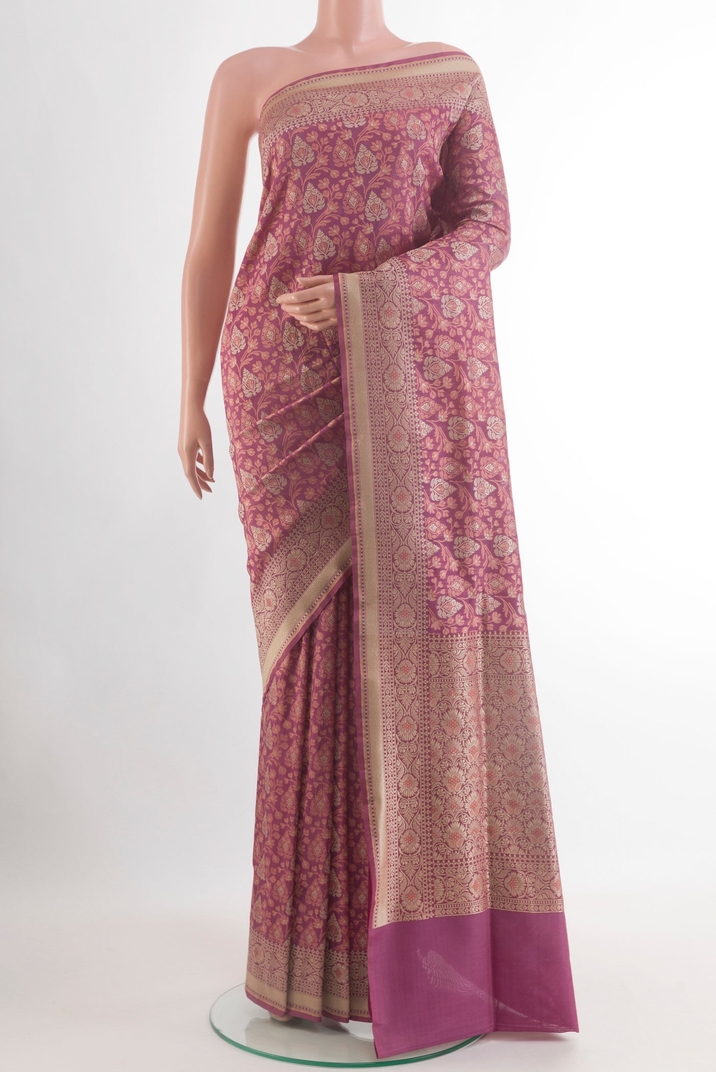 Purple Banarasi Silk Saree with Zari Brocade on the body and Zari Border.  displayed on a mannequin