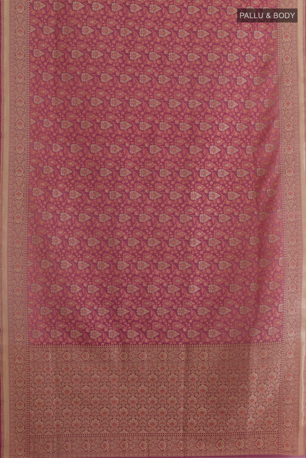 Flat view of Purple Banarasi Silk Saree with Zari Brocade on the body and Zari Border. 