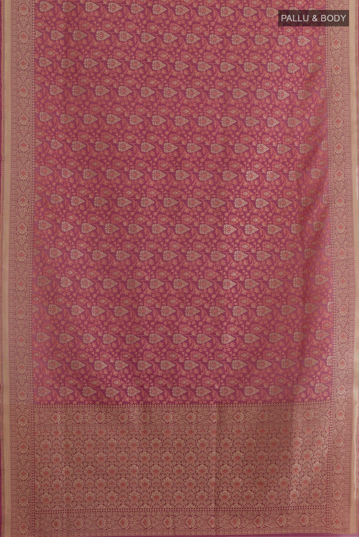 Flat view of Purple Banarasi Silk Saree with Zari Brocade on the body and Zari Border. 