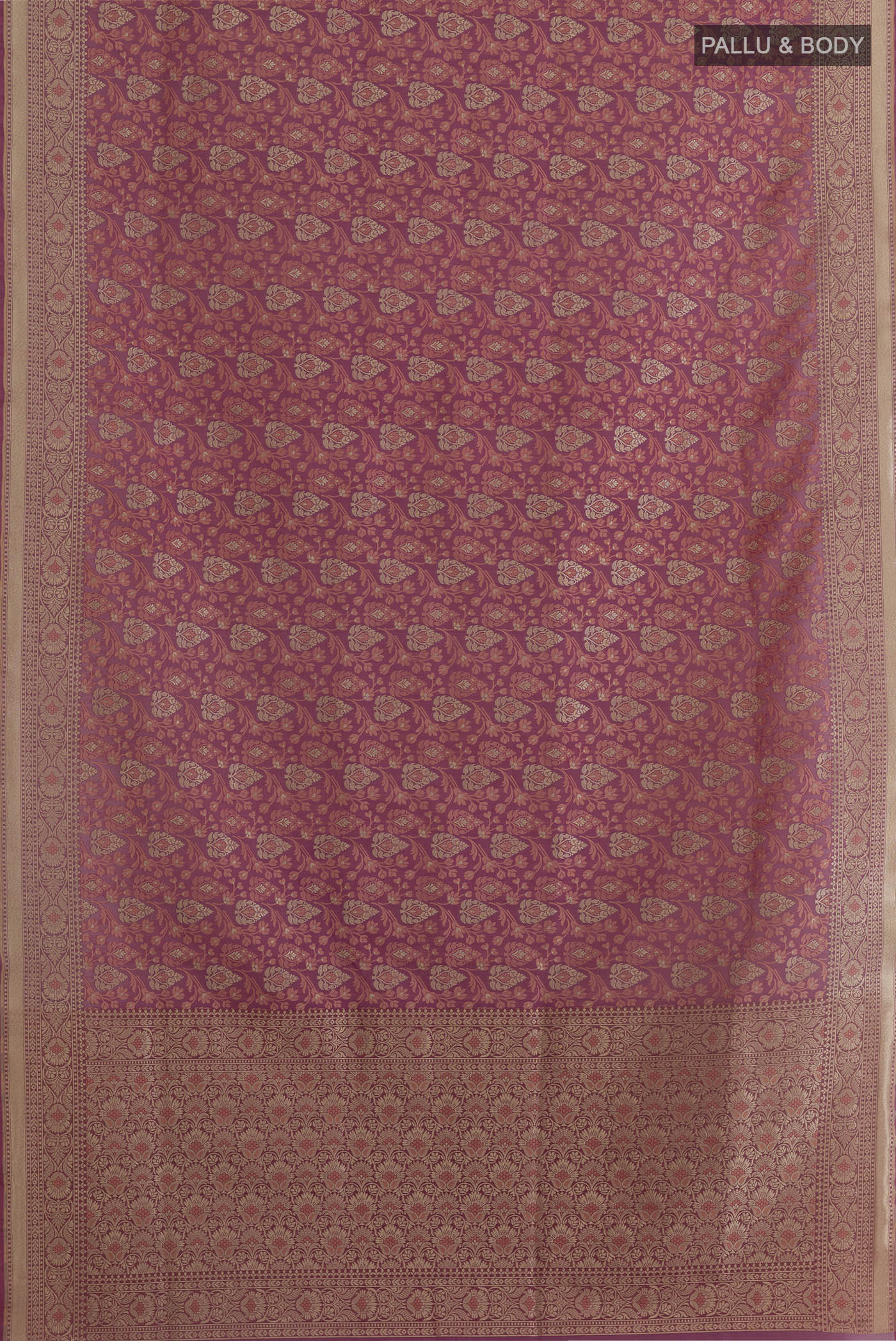 Flat view of Purple Banarasi Silk Saree with Zari Brocade on the body and Zari Border. 