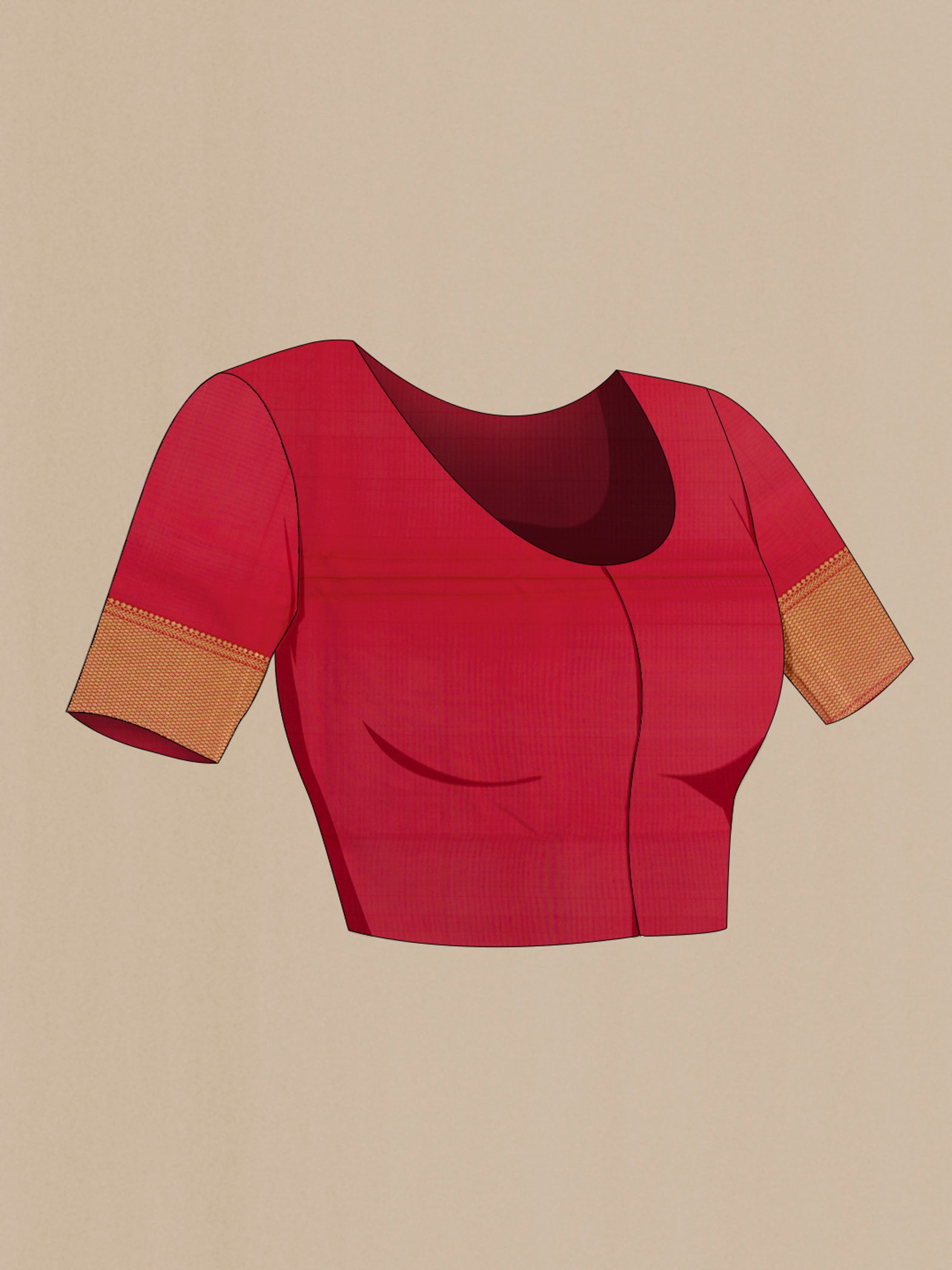 Close up image of the blouse of Red Chanderi Silk Saree with Zari Butta on the body and Zari Border. 