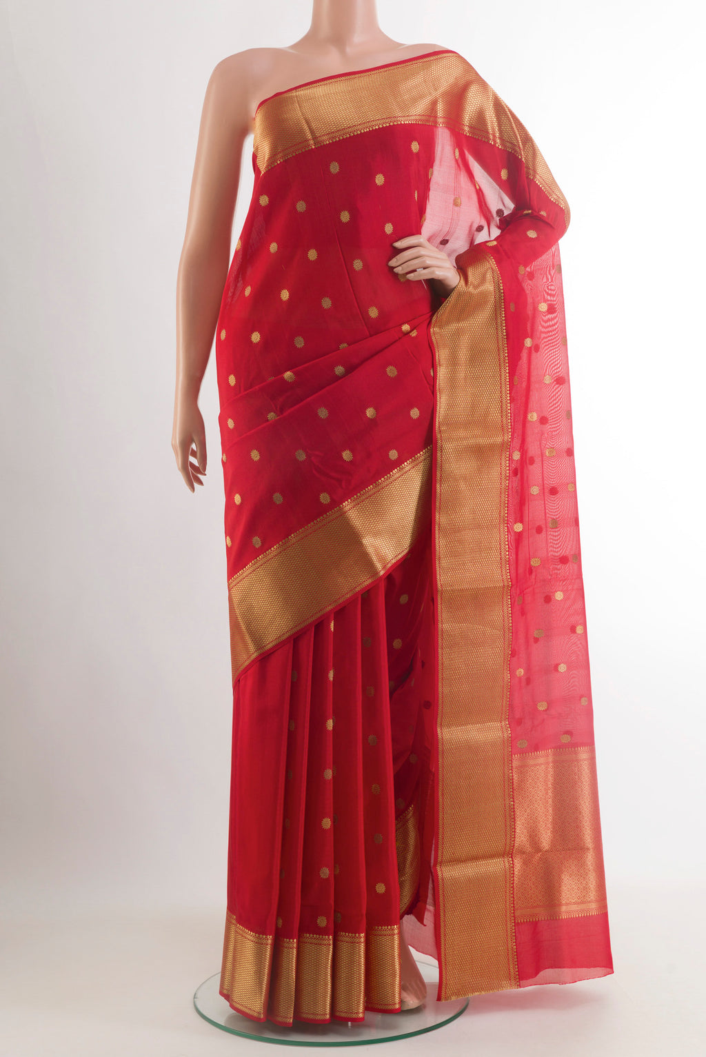 Red Chanderi Silk Saree with Zari Butta on the body and Zari Border.  displayed on a mannequin
