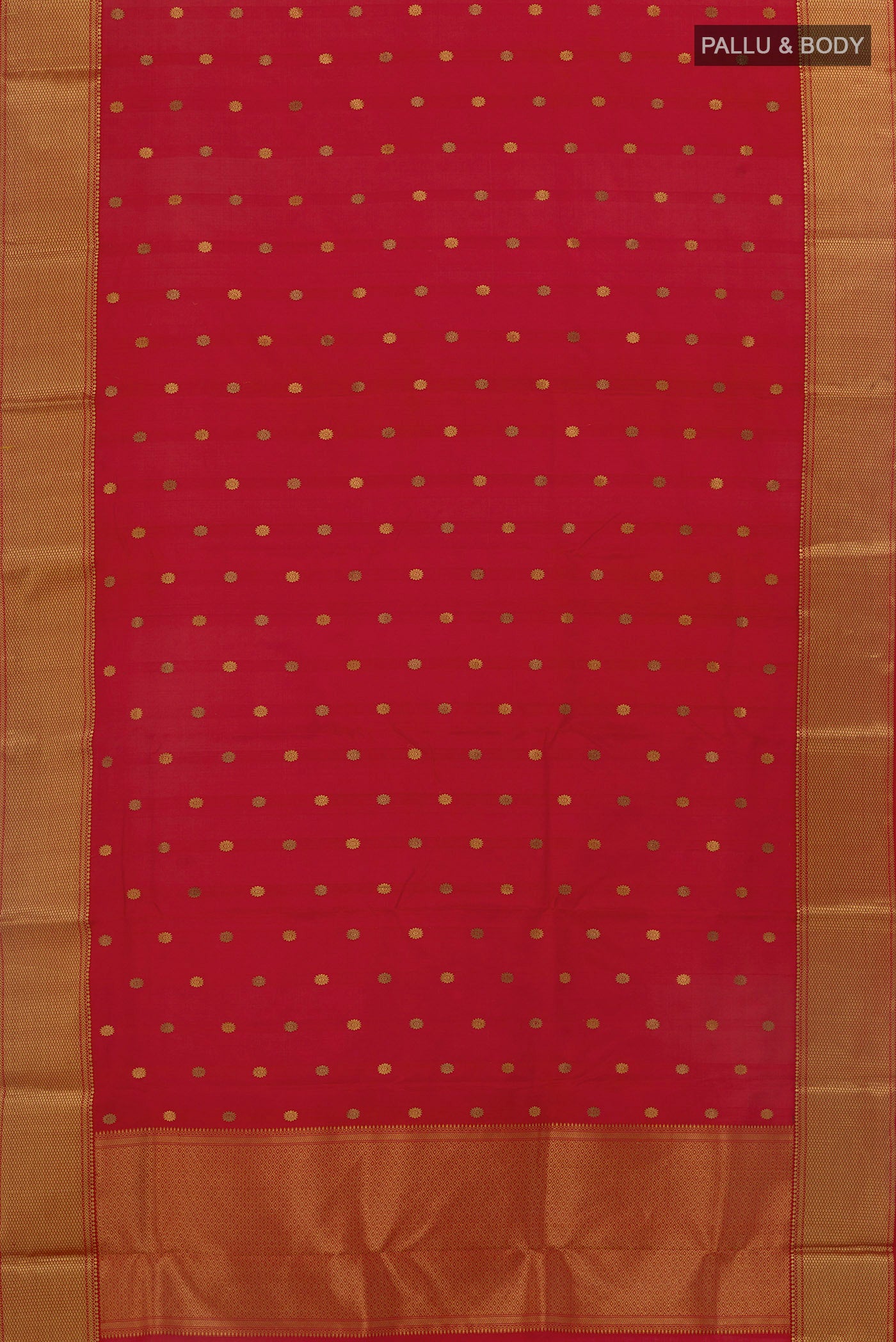 Flat view of Red Chanderi Silk Saree with Zari Butta on the body and Zari Border. 