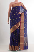 Navy Blue Chanderi Silk Saree with Zari Butta on the body and Zari Border.  displayed on a mannequin