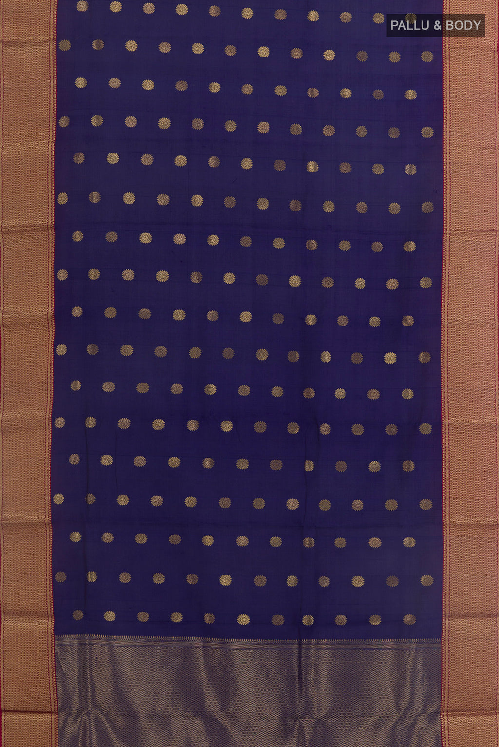 Flat view of Navy Blue Chanderi Silk Saree with Zari Butta on the body and Zari Border. 